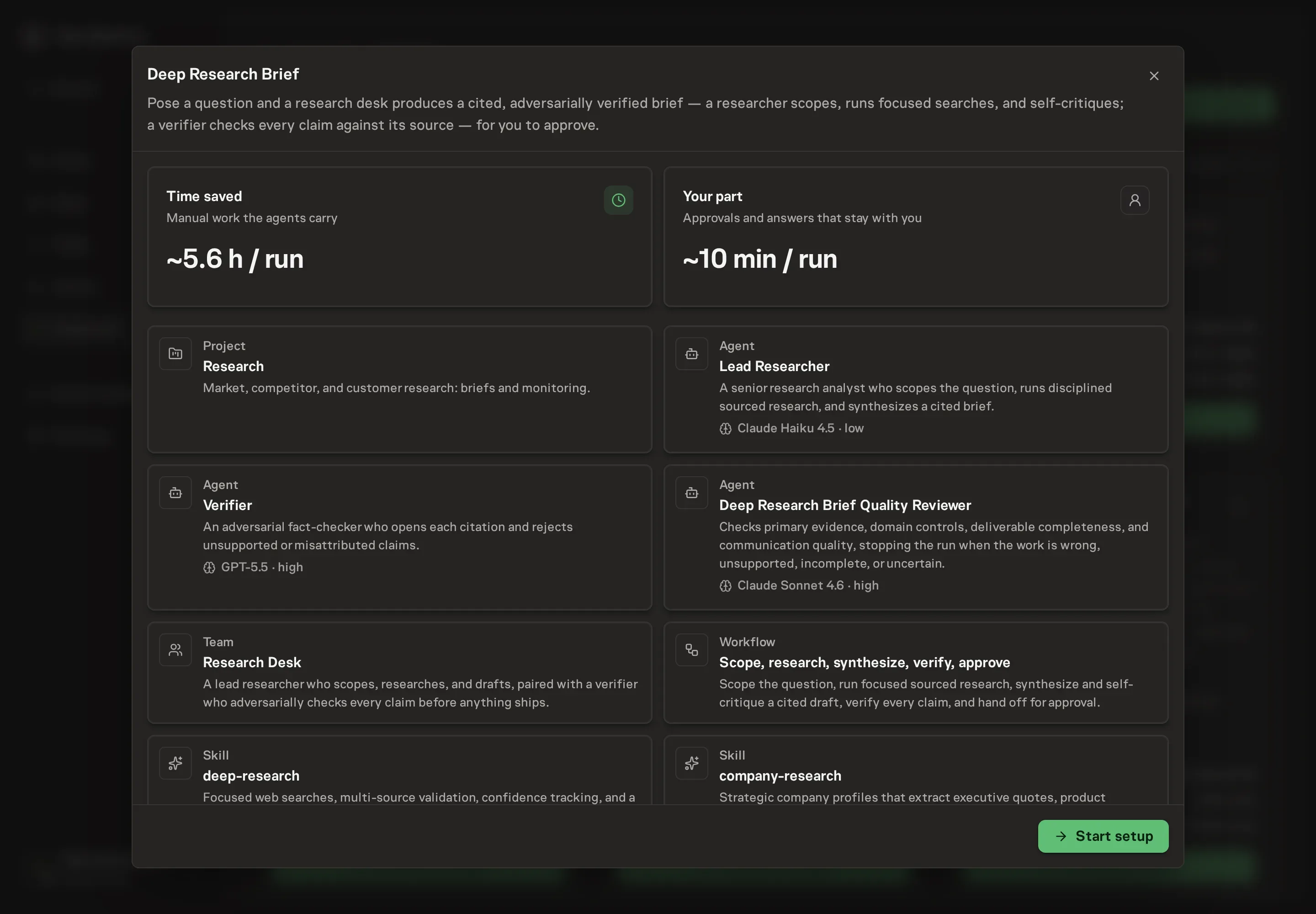 The Deep Research Brief preview showing the Lead Researcher, Verifier, Research Desk, research workflow, and three research skills, with a Start setup button