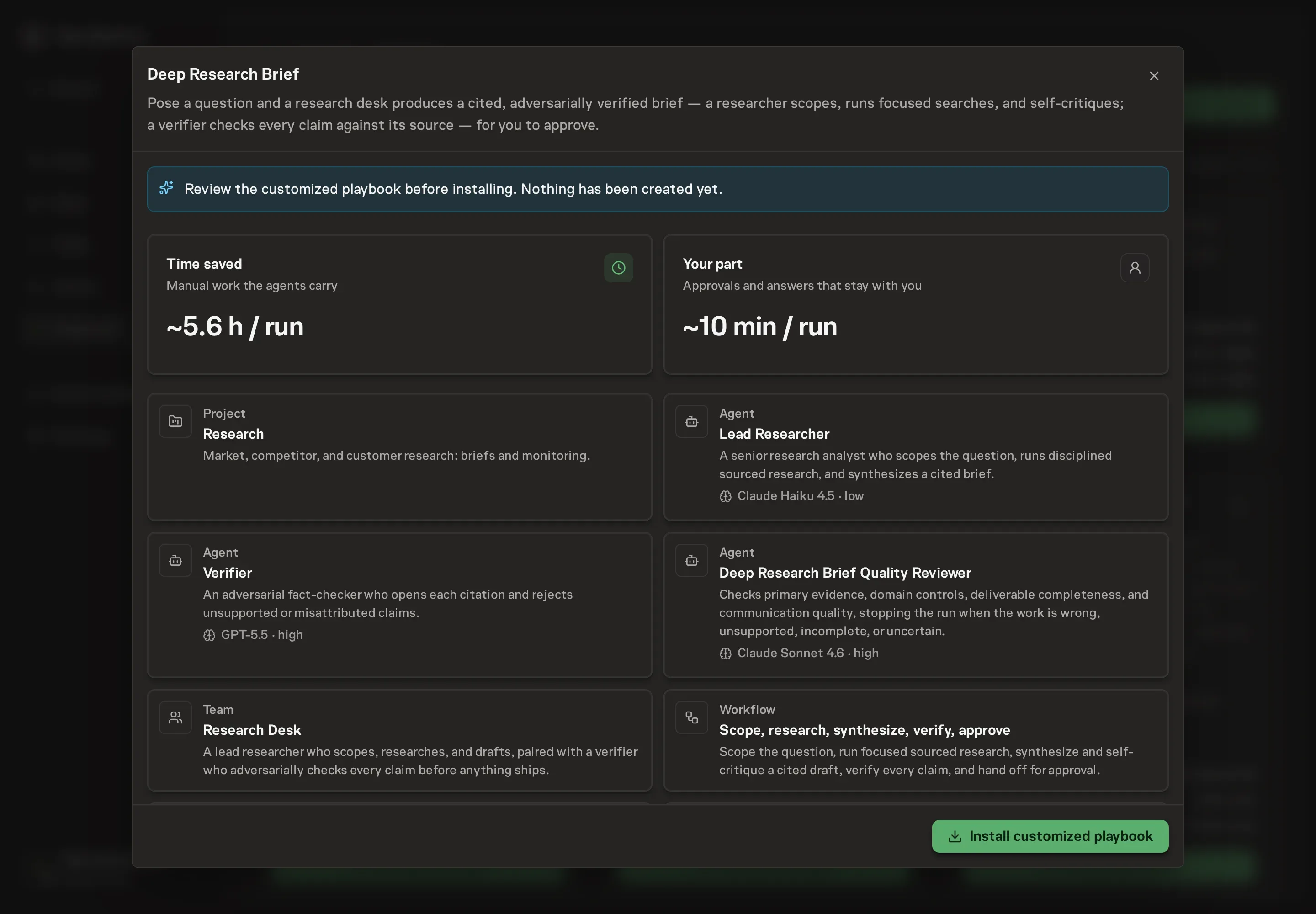 The review step showing the customized research agents, Research Desk team, and research workflow before anything is created