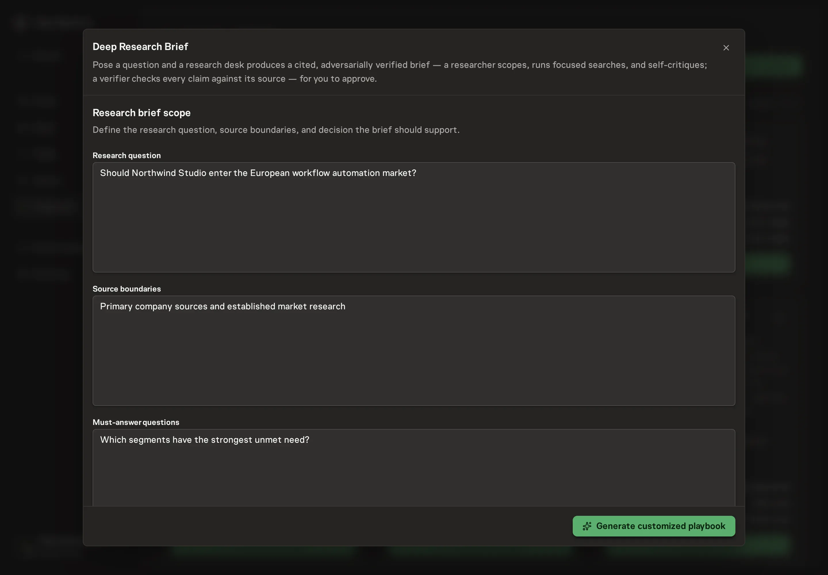 The setup form filled with a Northwind Studio market-entry research question, source boundaries, and must-answer questions