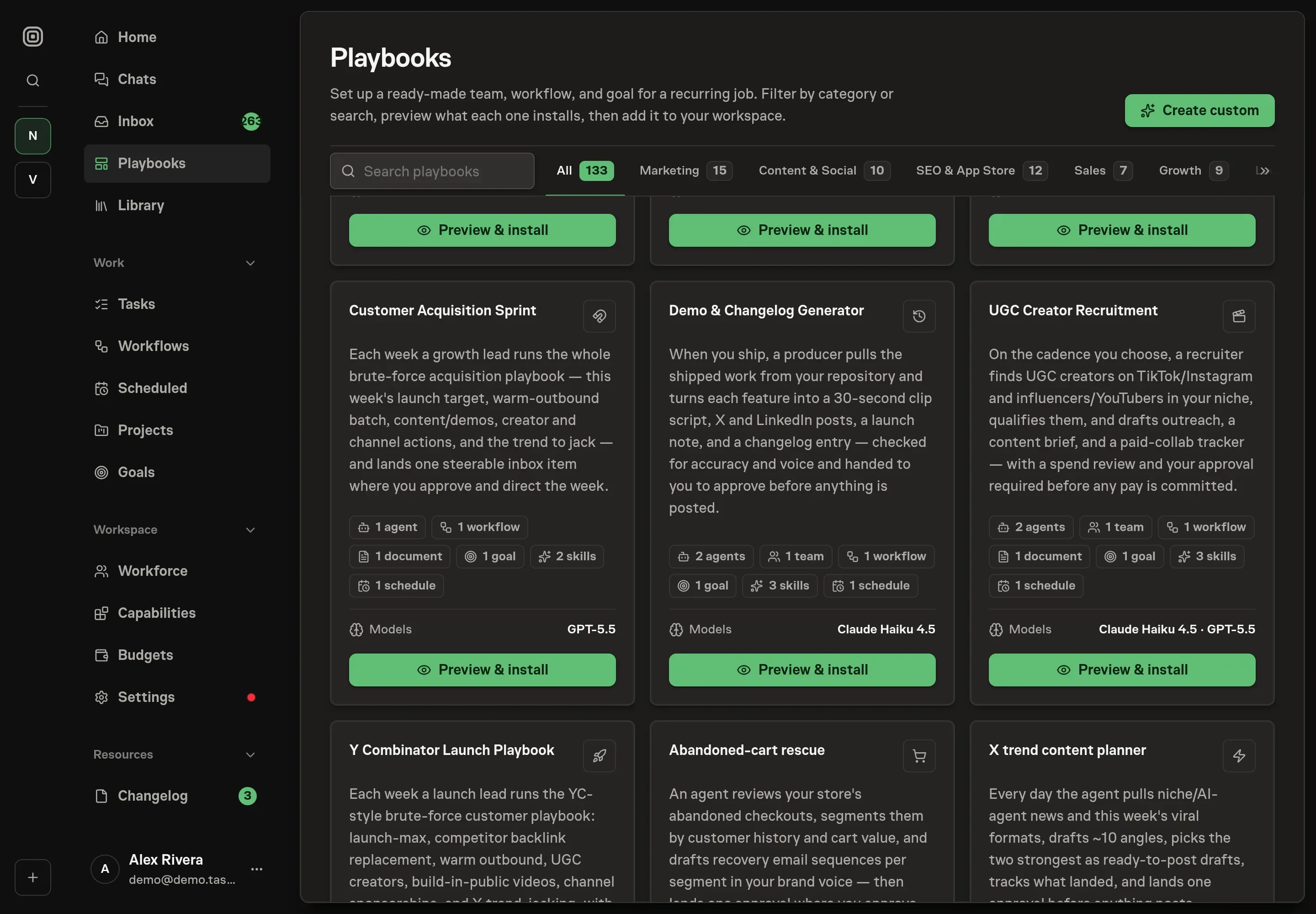 The playbook gallery with the Demo & Changelog Generator card in the Growth category, listing its agents, workflow, goal, skills, and schedule