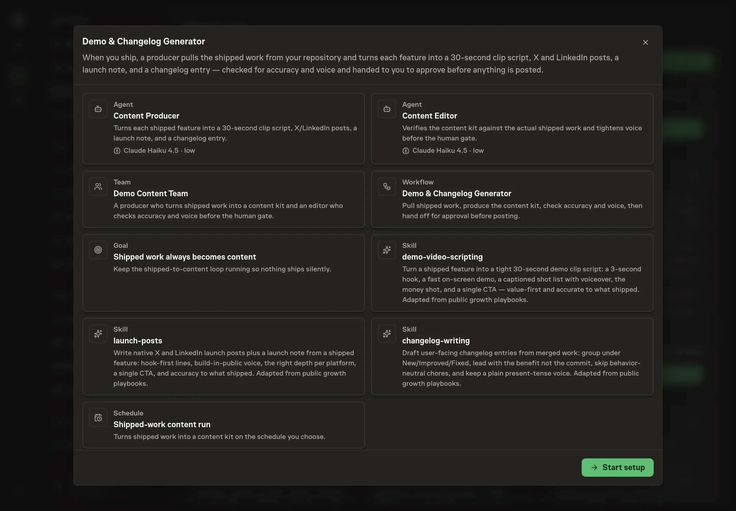 The Demo & Changelog Generator preview showing the producer, editor, workflow, schedule, goal, and content skills, with a Start setup button