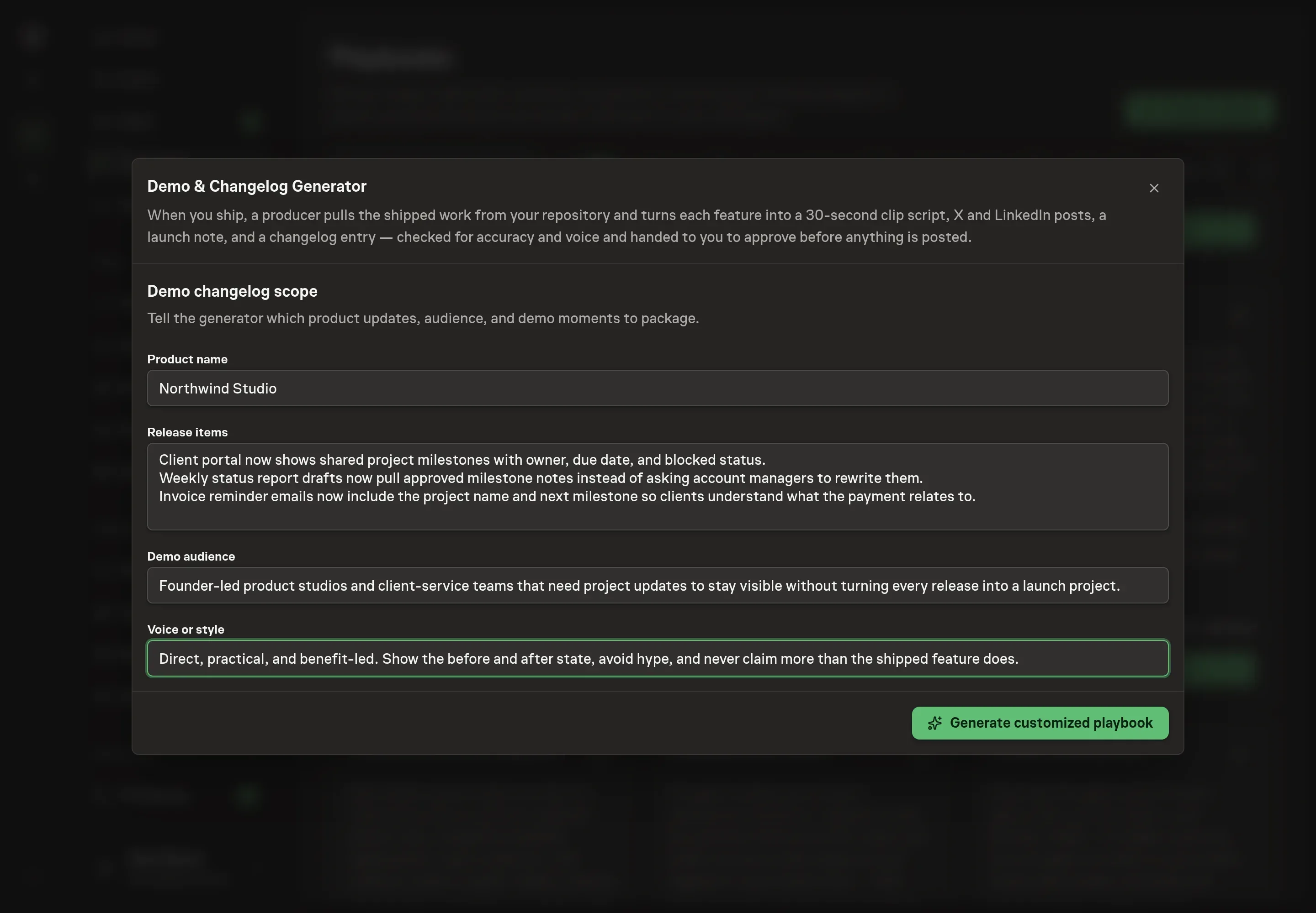 The setup form filled with Northwind Studio release items, a demo audience, and voice notes for launch content