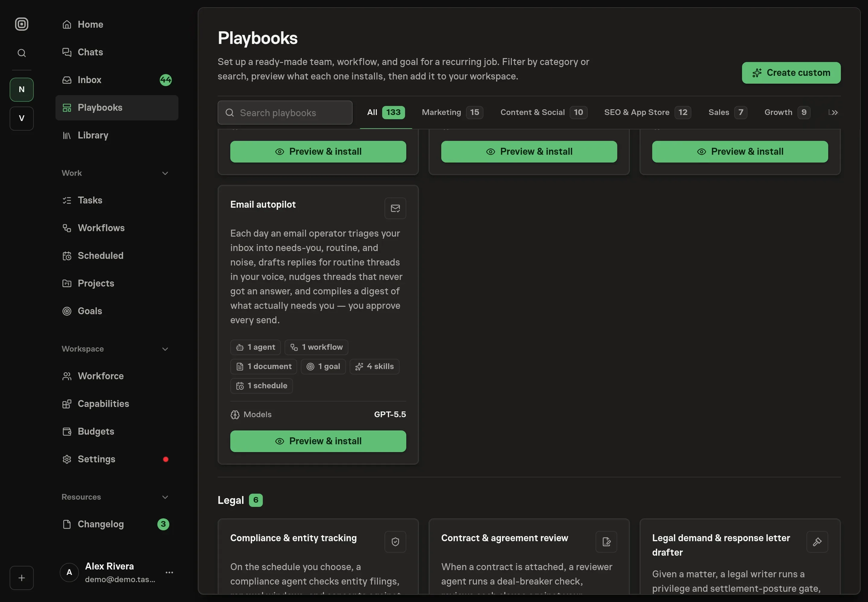 The playbook gallery with the Email autopilot card in the Operations category, listing the email operator, workflow, document, goal, skills, and schedule