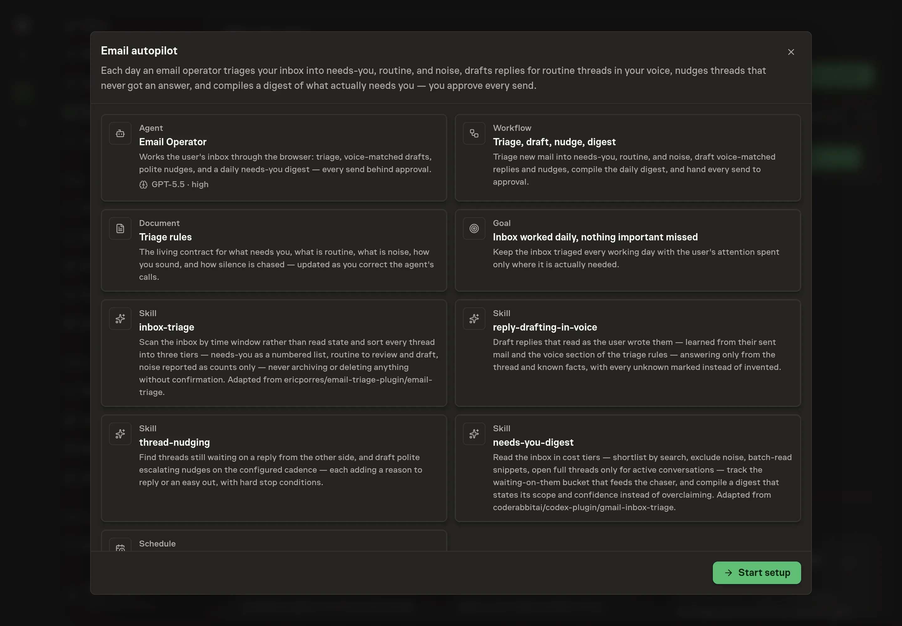 The Email autopilot preview showing the operator agent, workflow, triage rules document, goal, schedule, and mailbox skills, with a Start setup button