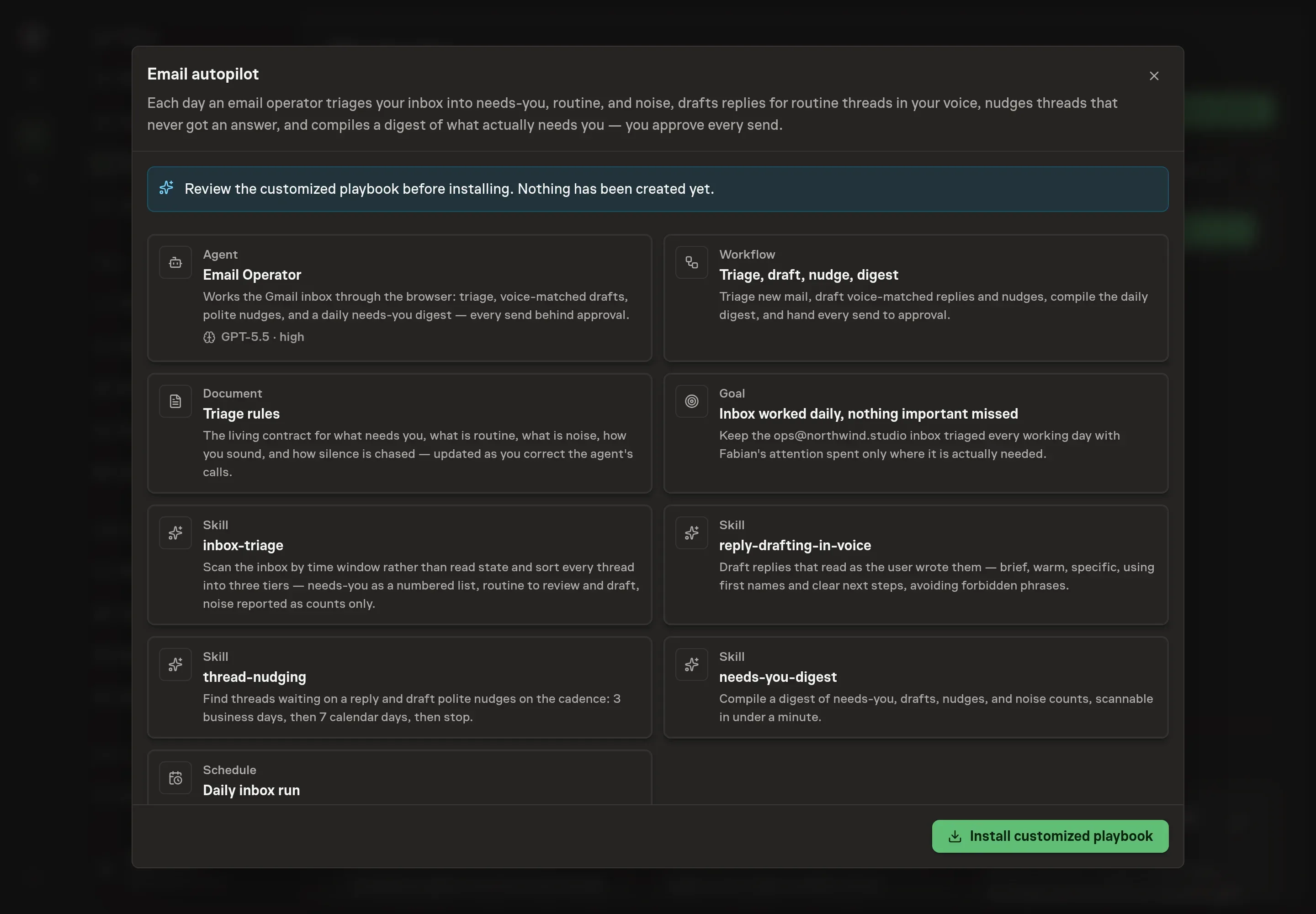 The review step showing the customized Email autopilot operator, workflow, triage rules document, skills, goal, and schedule before installation