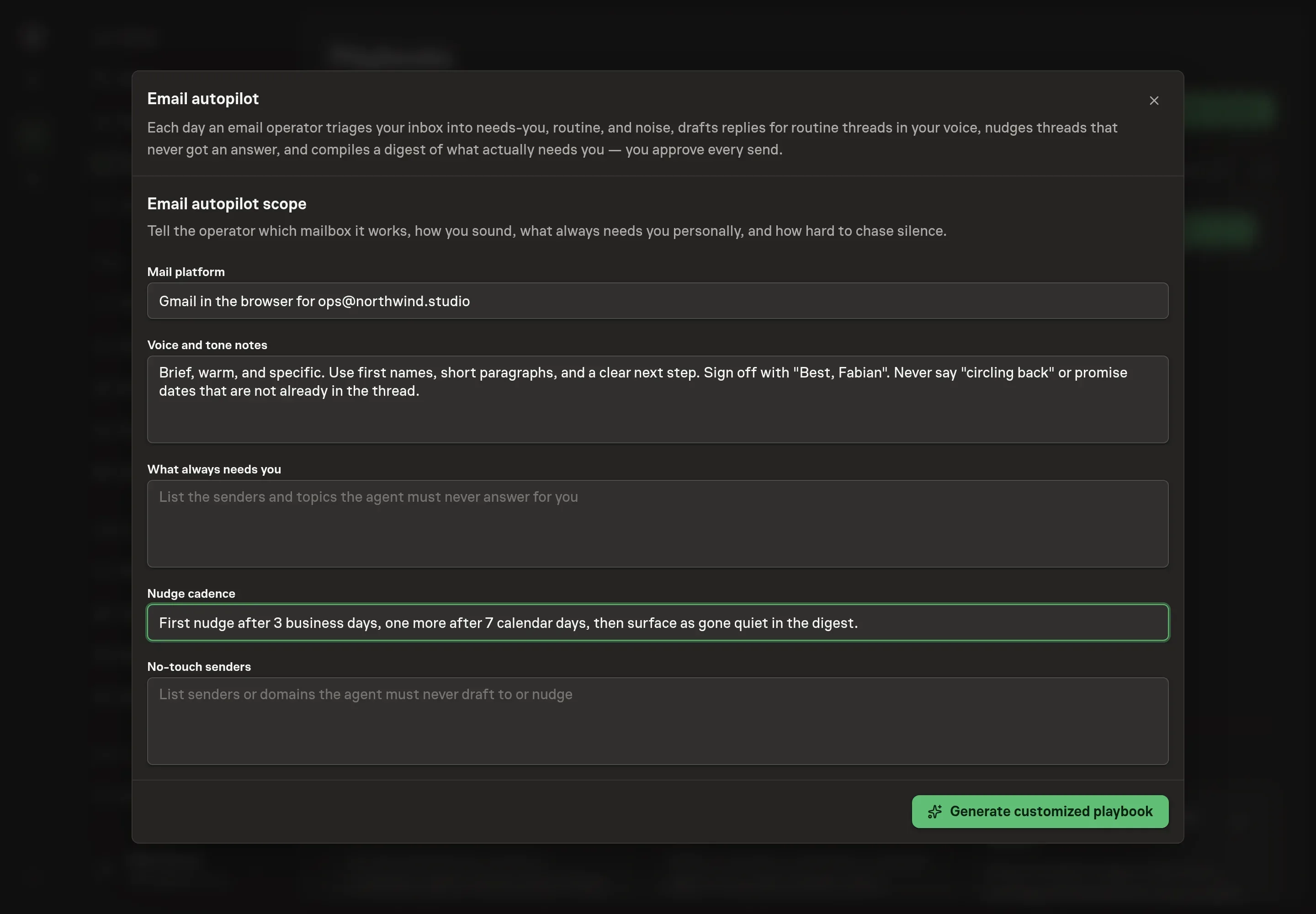 The setup form filled with Northwind Studio mailbox platform, voice notes, needs-you rules, nudge cadence, and no-touch senders