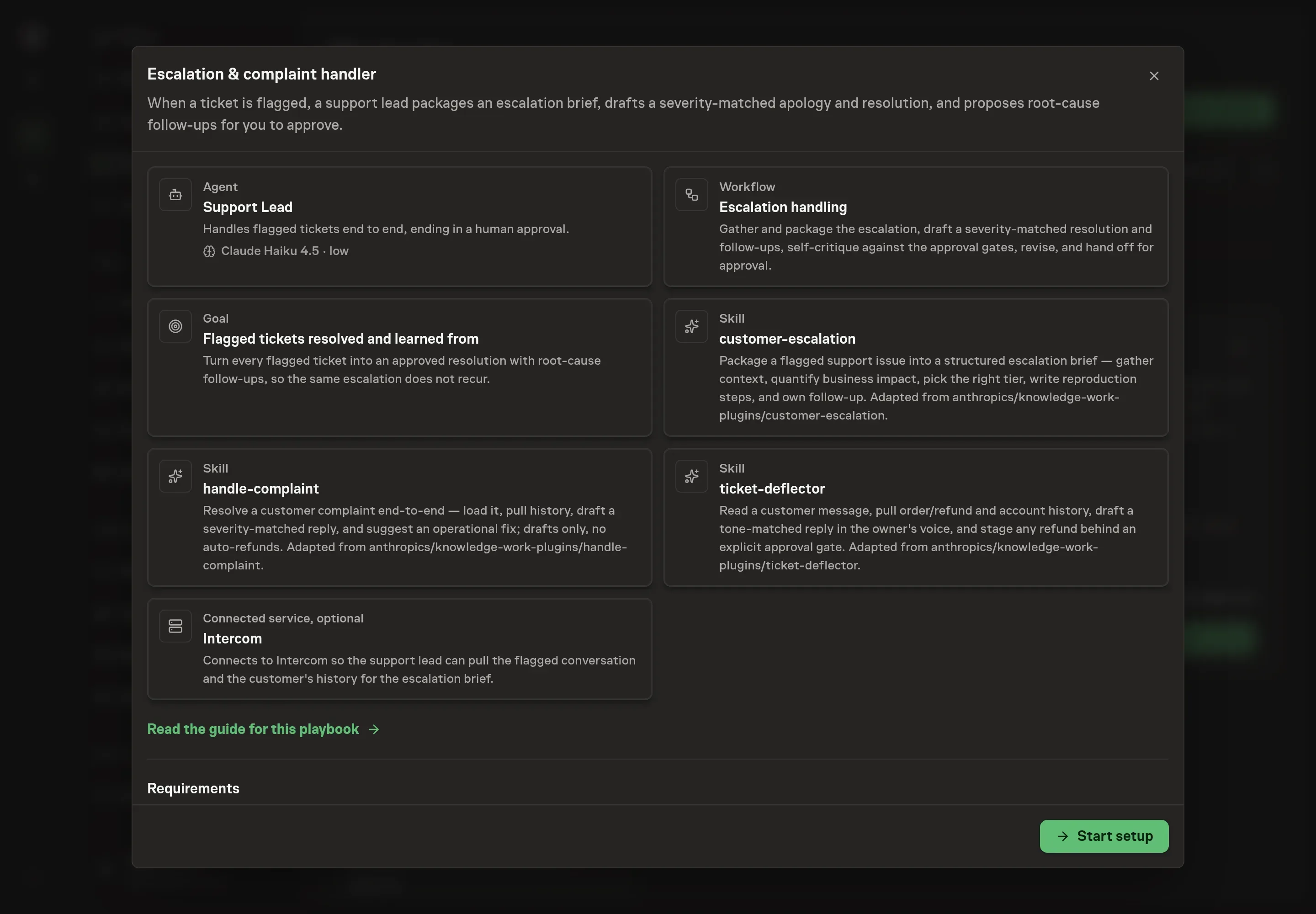The Escalation & complaint handler preview listing the support lead, workflow, goal, three skills, Intercom service, and Start setup button