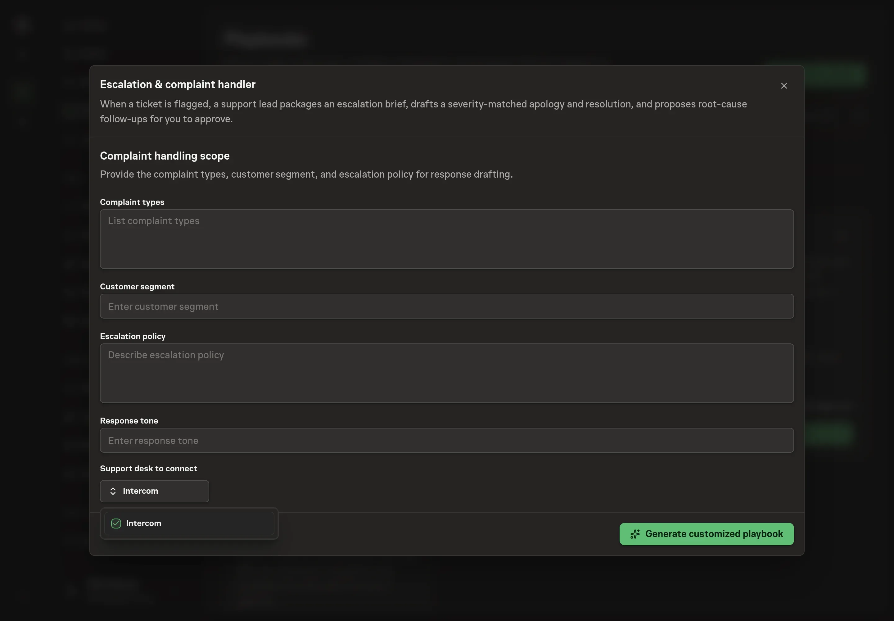 The support desk picker on the setup step, with Intercom selected for flagged escalation tickets