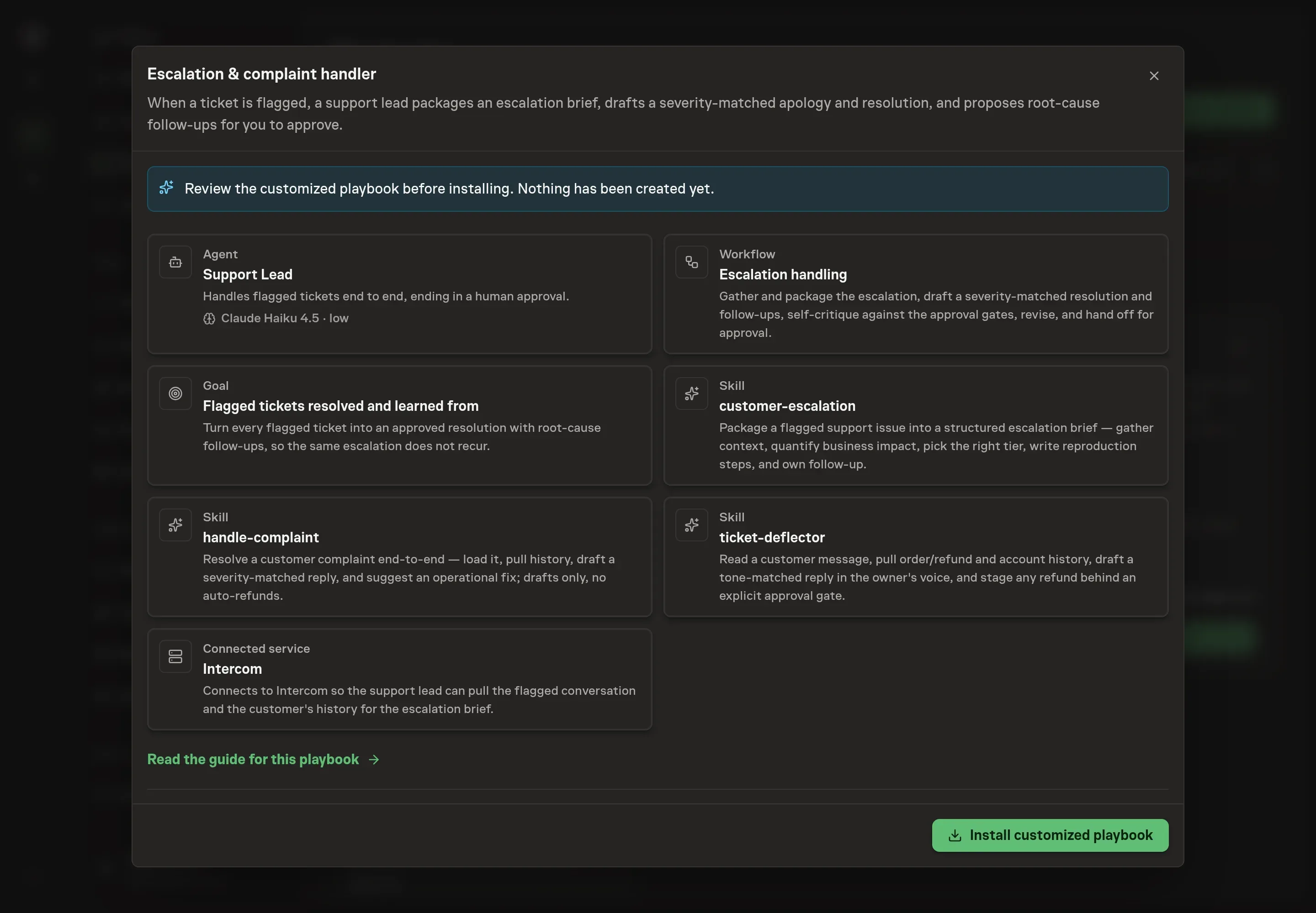 The review step showing the customized support lead, escalation workflow, goal, skills, and Intercom as the selected connected service