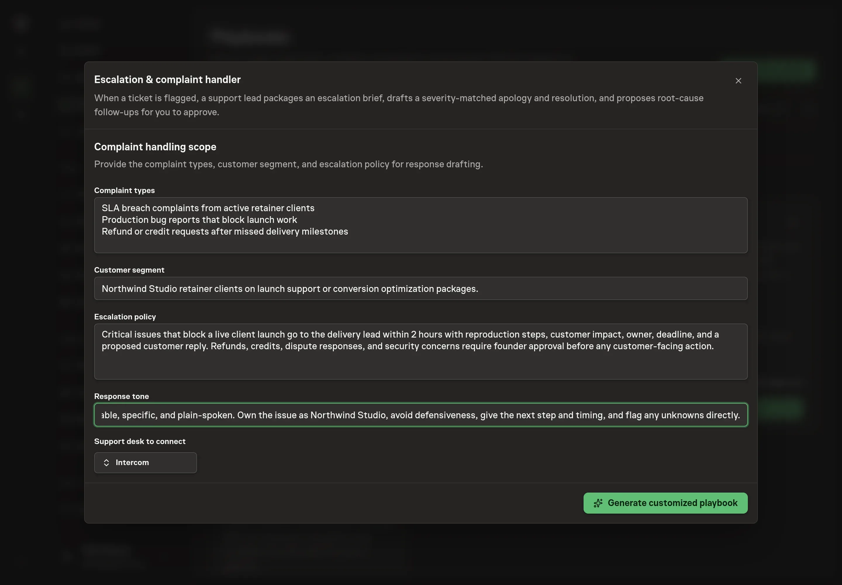 The setup form filled with complaint types, Northwind Studio customer segment, escalation policy, response tone, and Intercom selected