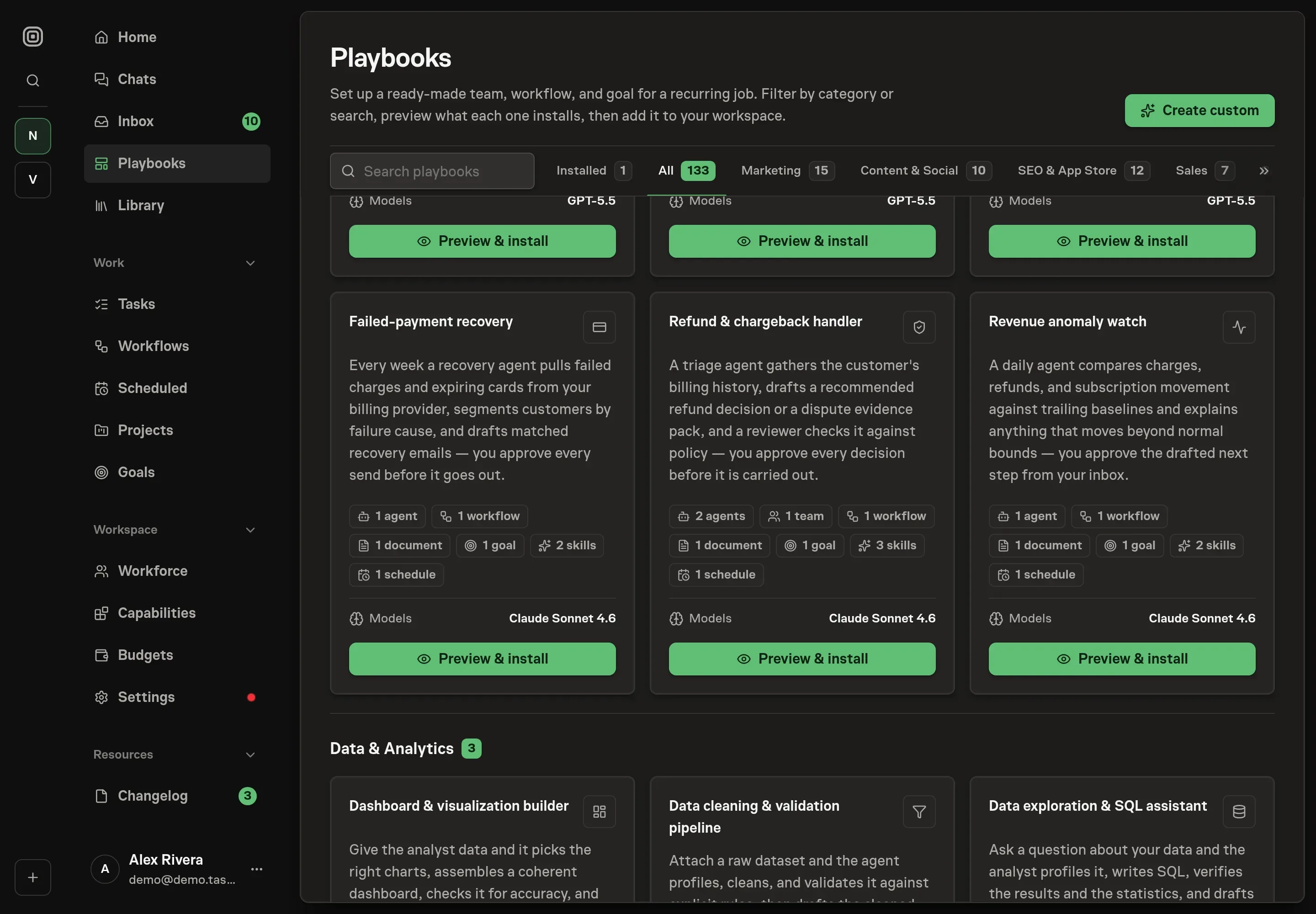 The playbook gallery with the Failed-payment recovery card in the Finance category, listing one agent, one workflow, one document, one goal, two skills, and one schedule