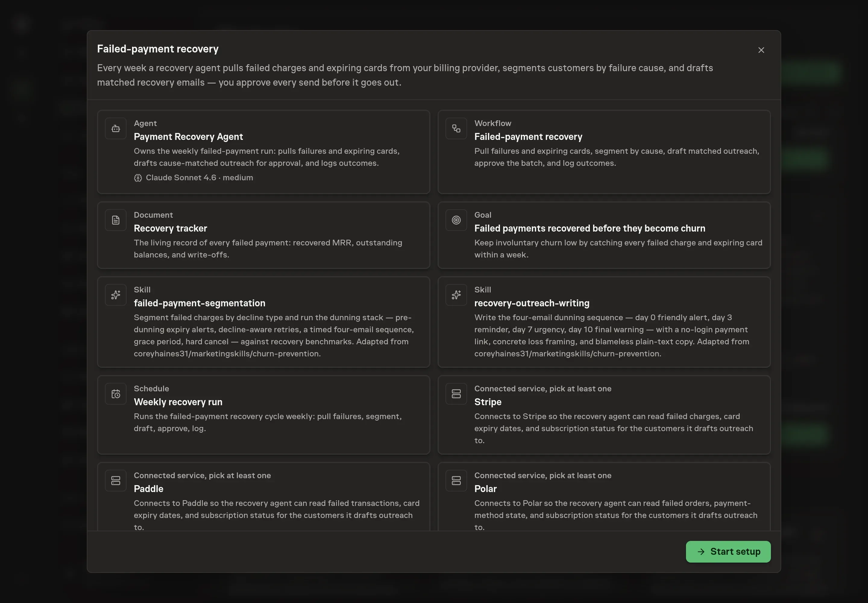 The Failed-payment recovery preview listing the agent, workflow, tracker document, goal, both skills, the weekly schedule, and Stripe, Paddle, and Polar as pick-at-least-one services, with a Start setup button