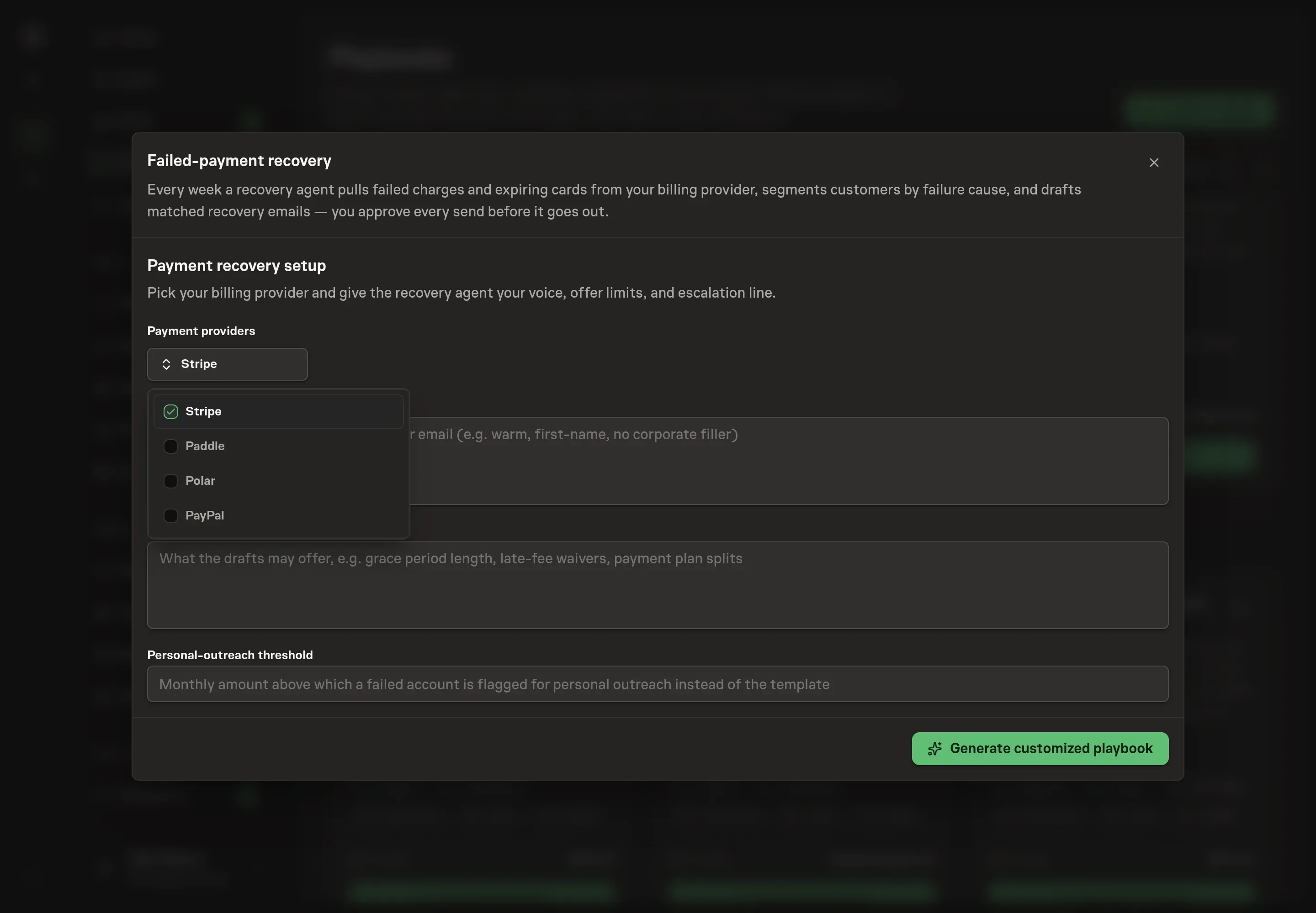 The payment providers picker open on the setup step, with Stripe checked and Paddle, Polar, and PayPal available