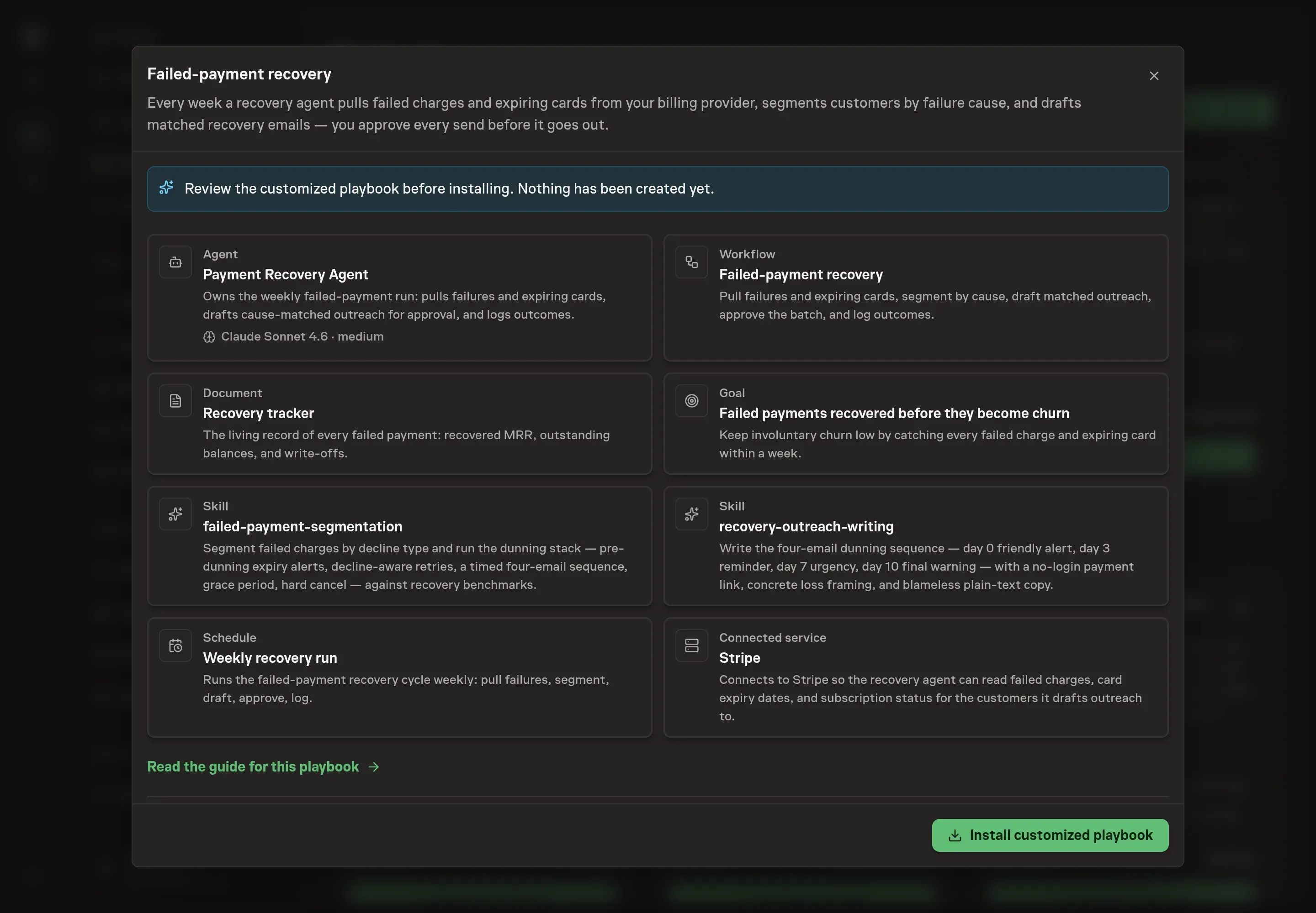 The review step showing the customized agent, workflow, tracker, goal, skills, and schedule, with Stripe as the only connected service and a banner confirming nothing has been created yet