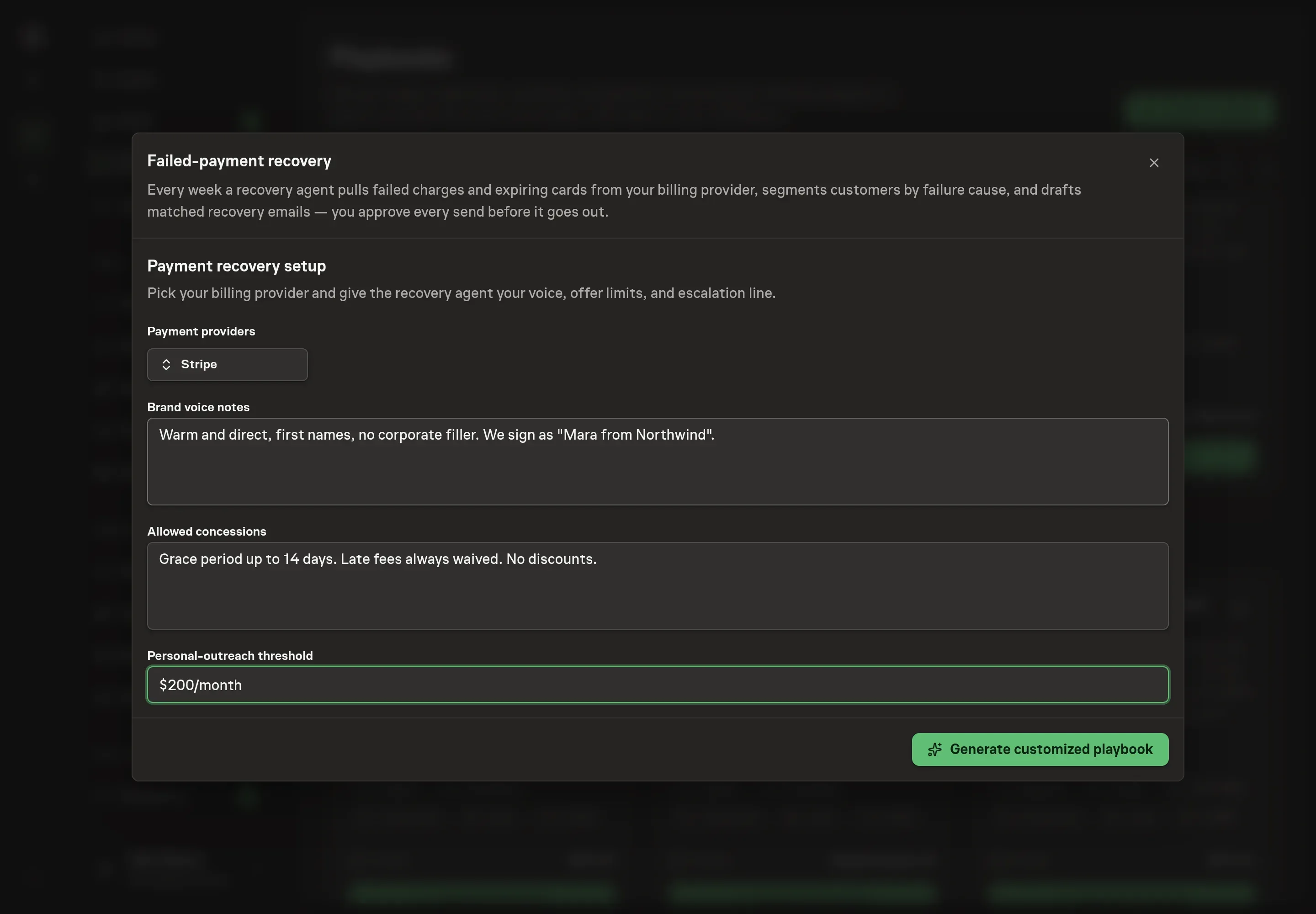 The setup form filled in: Stripe selected as the provider, brand voice notes, allowed concessions, and a $200 per month personal-outreach threshold