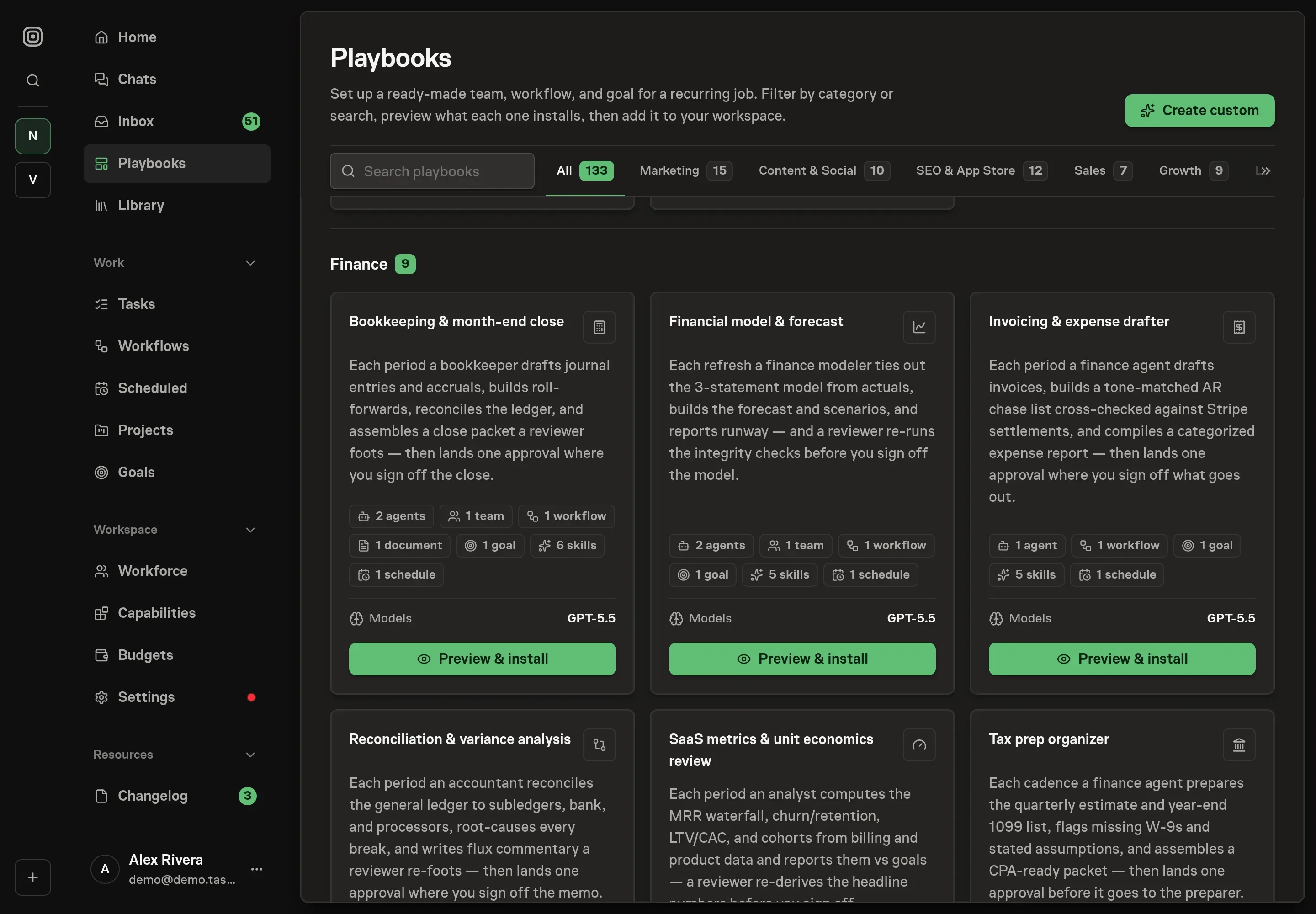 The playbook gallery with the Financial model & forecast card in the Finance category, listing the model team, workflow, goal, schedule, and finance skills