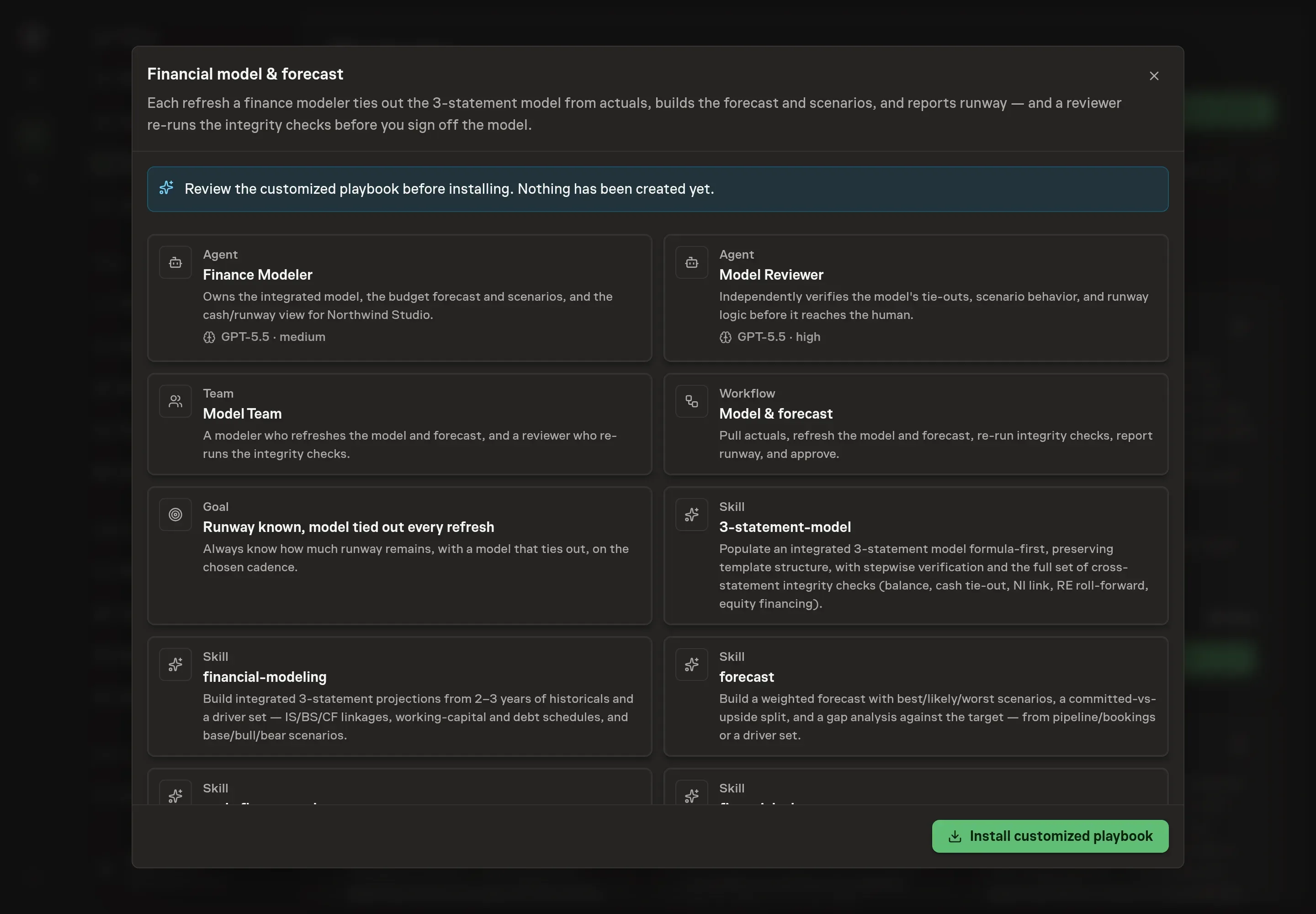 The review step showing the customized finance modeler, model reviewer, model workflow, schedule, and runway goal