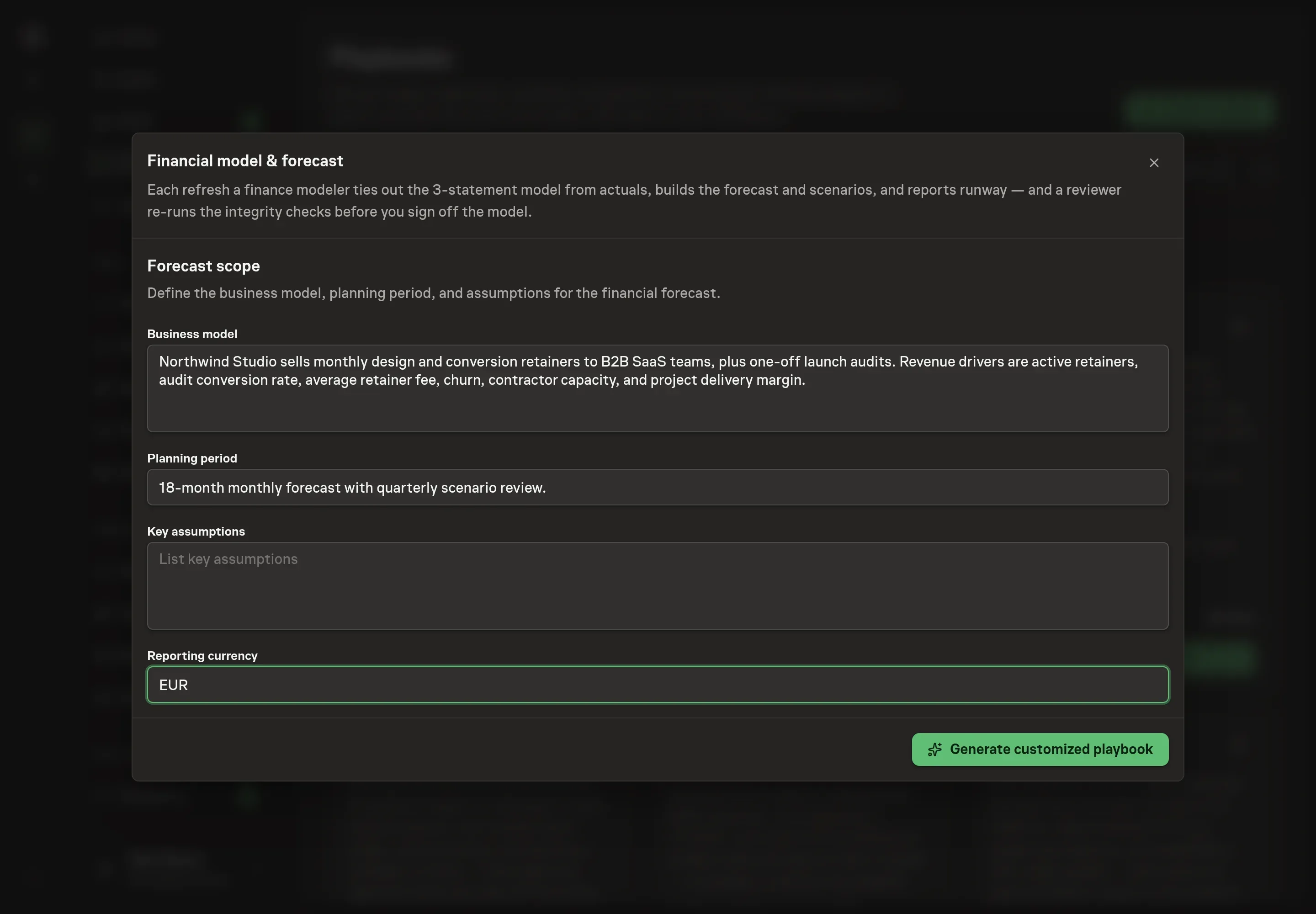 The setup form filled with Northwind Studio's subscription design business, 18-month planning period, key assumptions, and EUR reporting currency