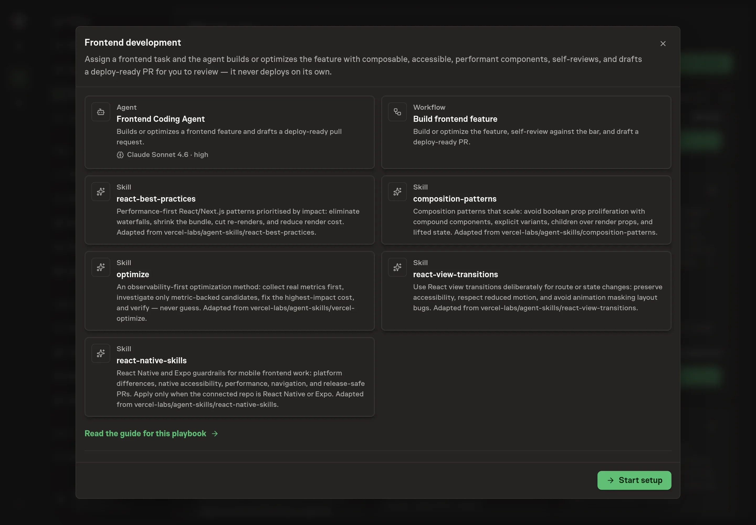 The Frontend development preview listing the frontend coding agent, workflow stages, skills, repository requirement, and Start setup button