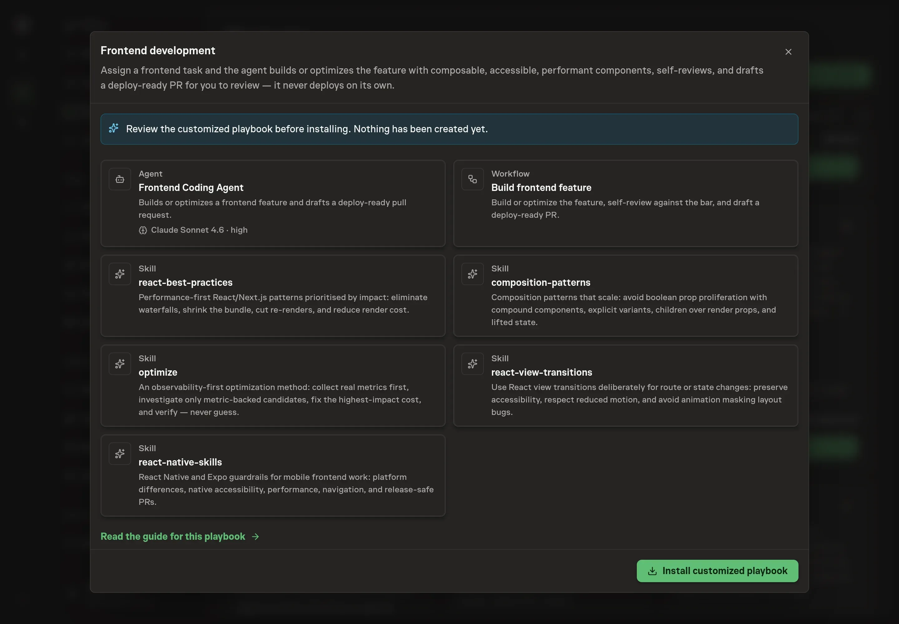 The review step showing the customized frontend coding agent, build workflow, skills, and repository-scoped setup answers