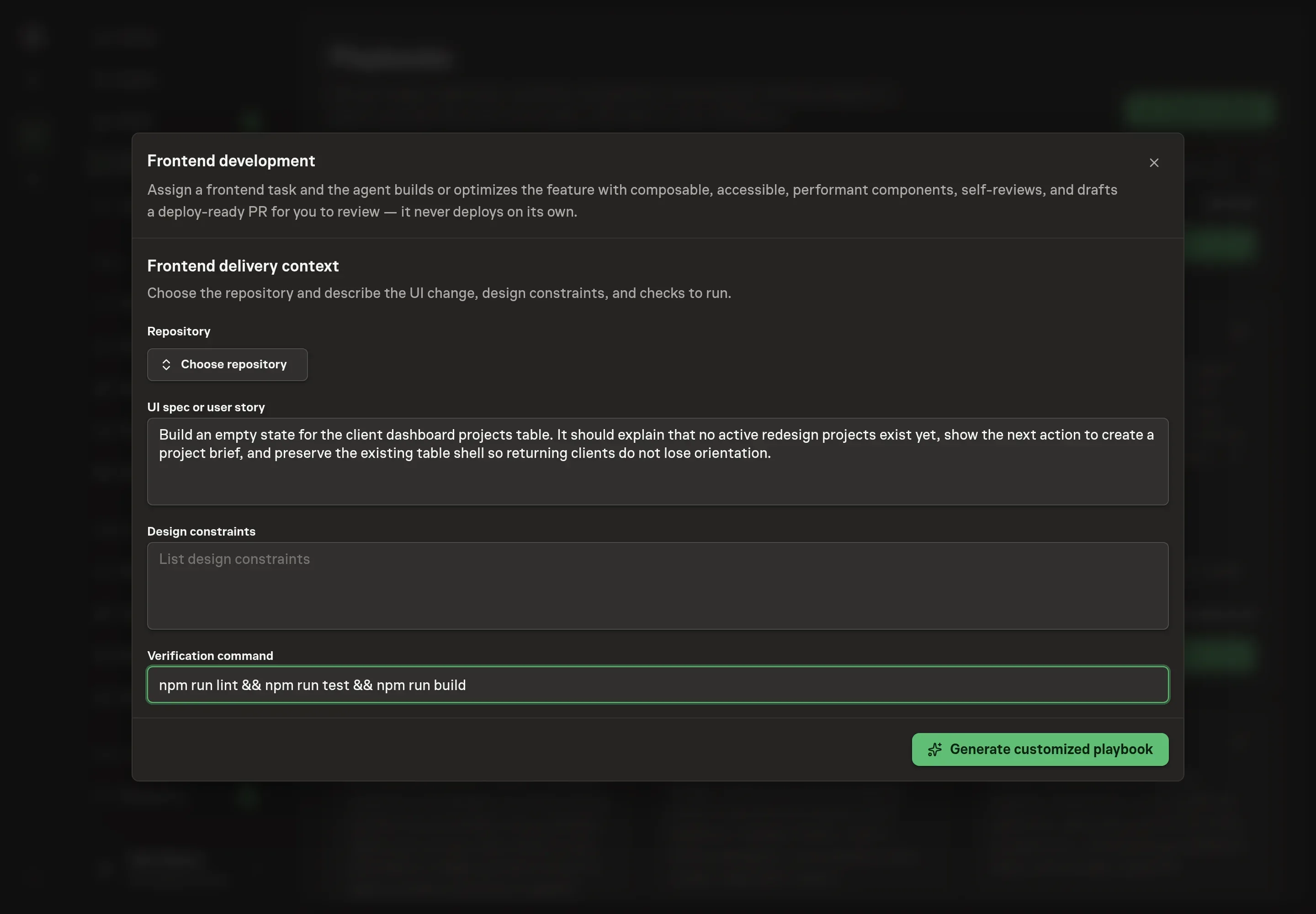 The setup form filled with a Northwind Studio repository, dashboard empty-state user story, design constraints, and verification command