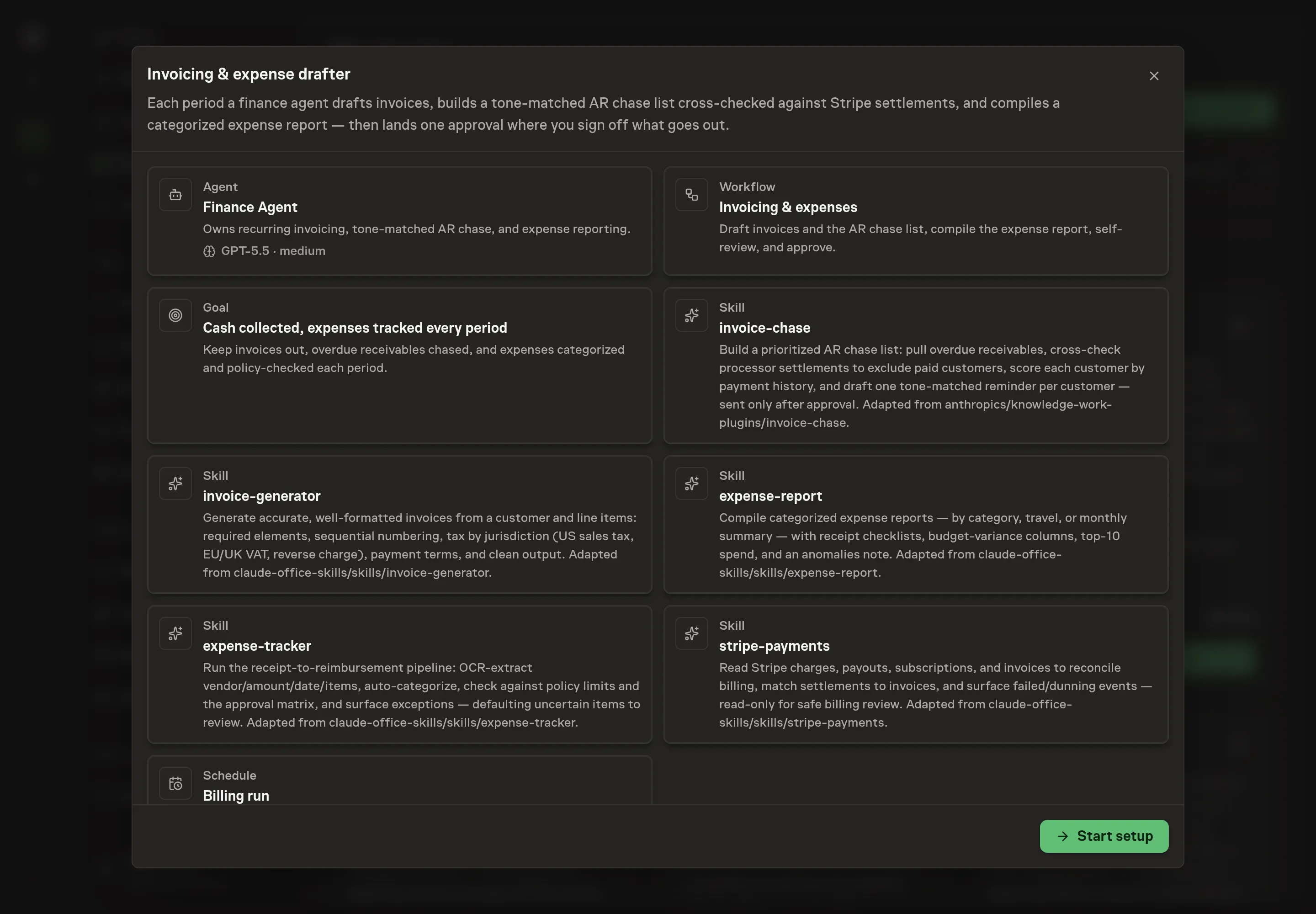 The Invoicing and expense drafter preview listing the Finance Agent, billing workflow, cash goal, five finance skills, and billing schedule, with a Start setup button