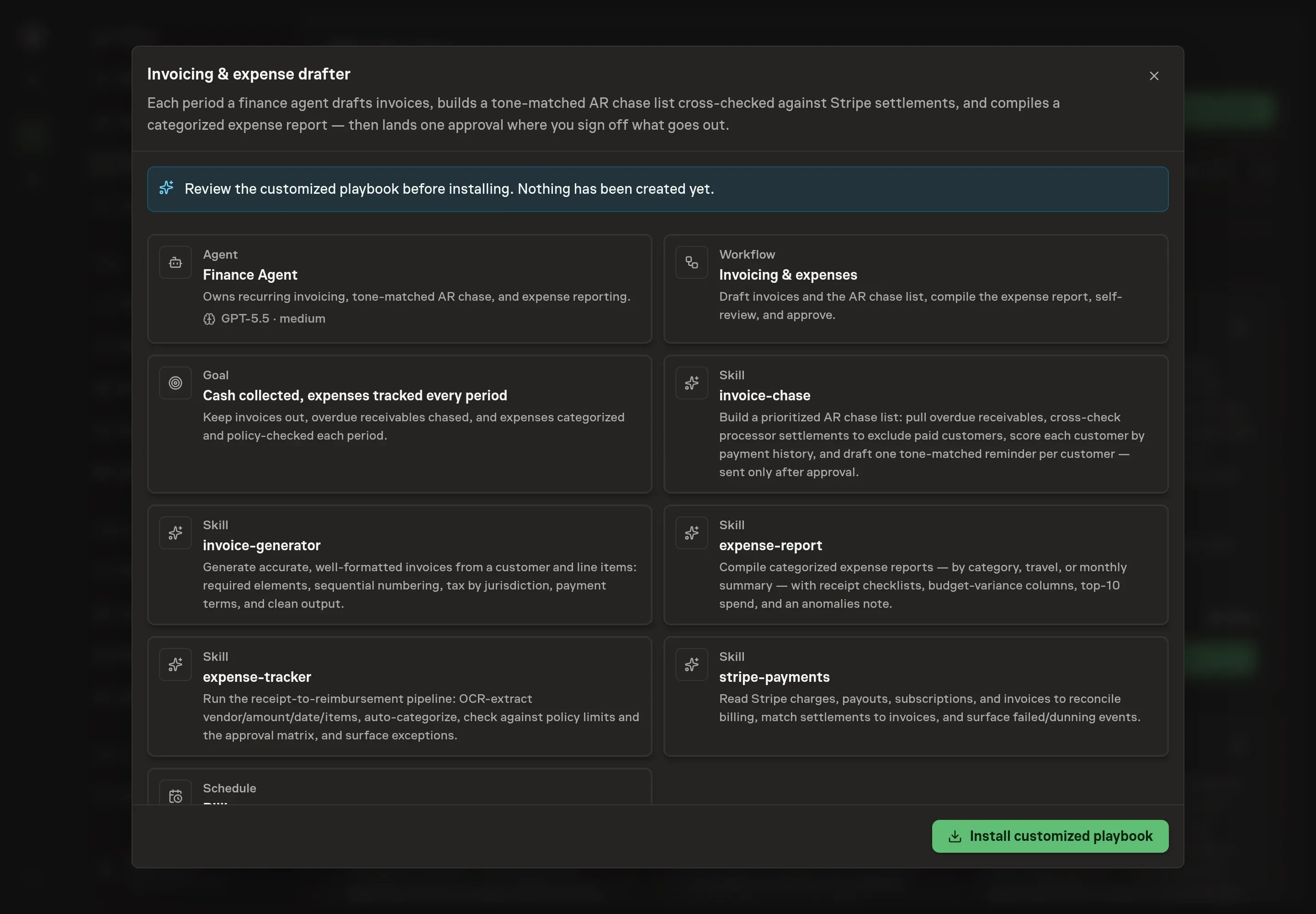 The review step showing the customized Invoicing and expense drafter records, including the Finance Agent, workflow, goal, skills, and billing schedule
