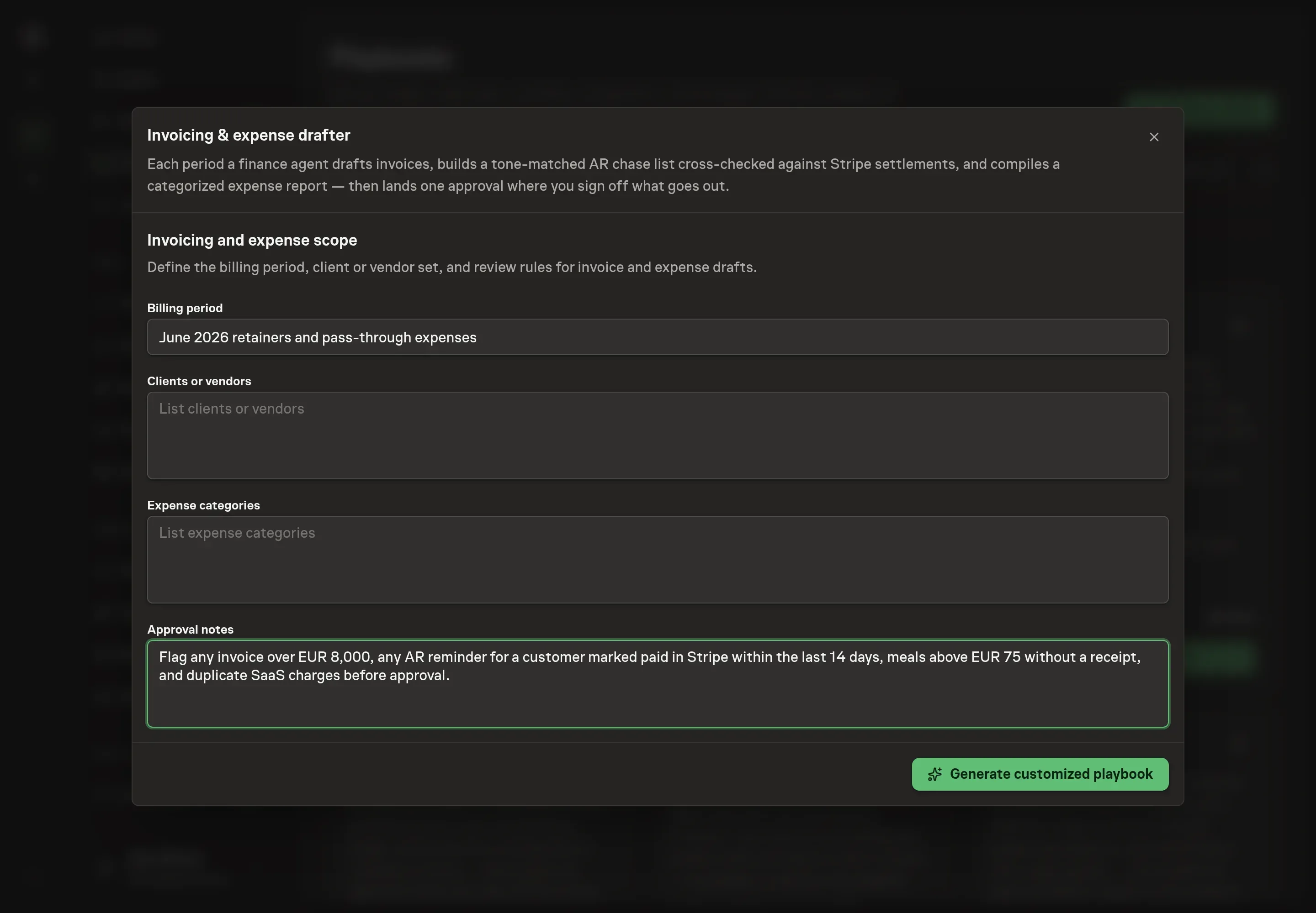 The setup form filled with Northwind Studio's billing period, client and vendor list, expense categories, approval notes, billing schedule, and timezone