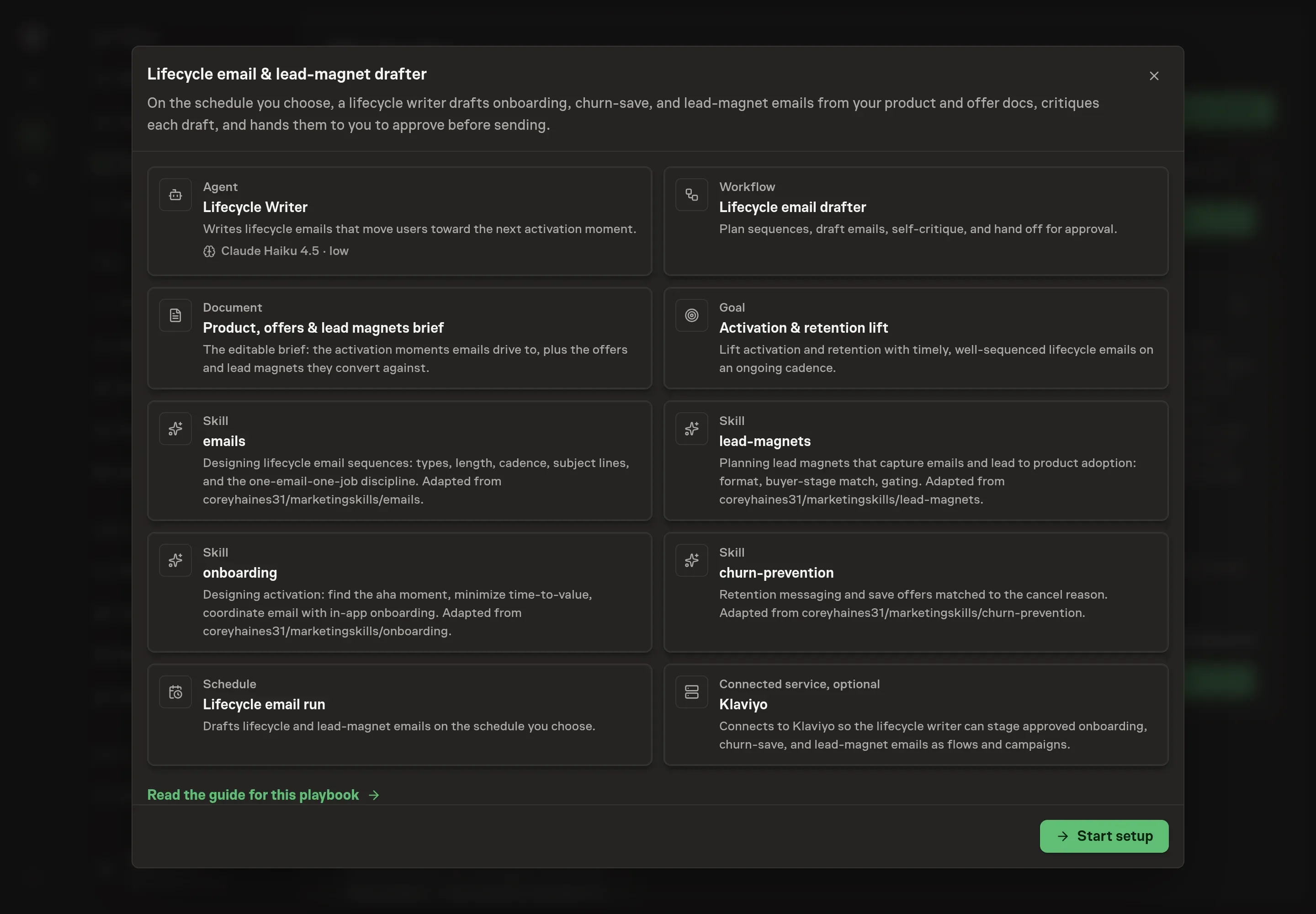 The Lifecycle email and lead-magnet drafter preview listing the writer, brief, workflow, goal, skills, schedule, and Klaviyo service, with a Start setup button