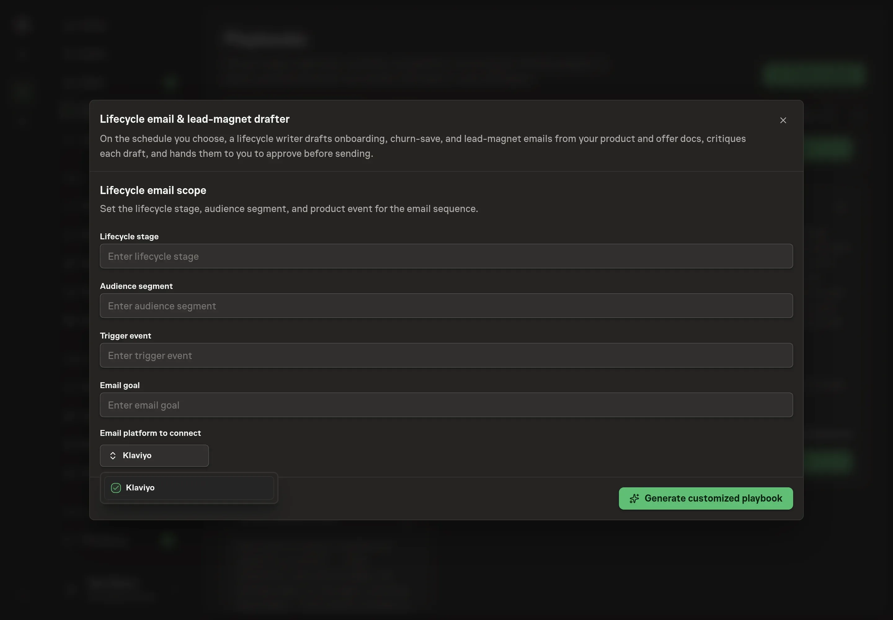 The email platform picker open on the setup step, with Klaviyo selected as the lifecycle email platform