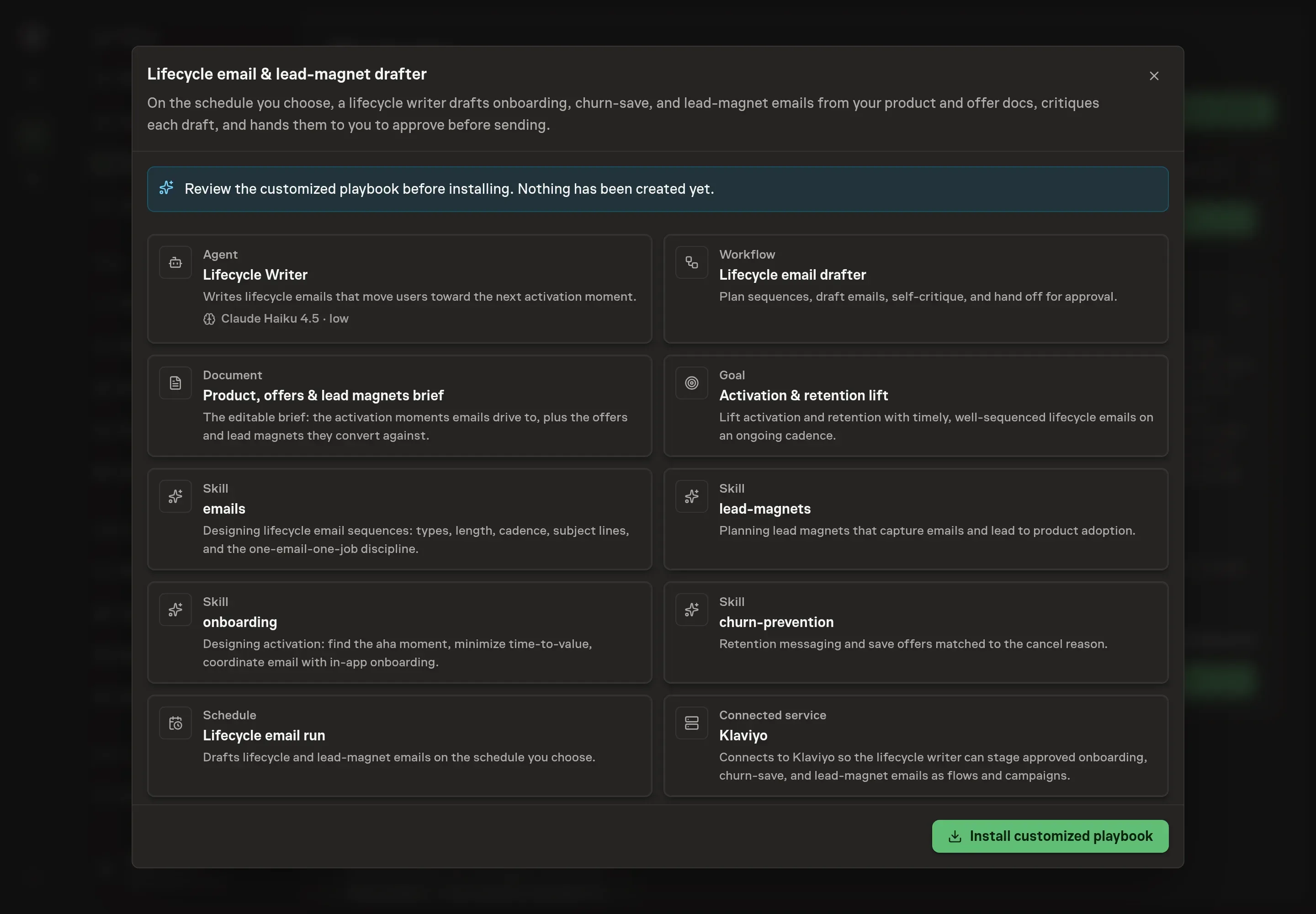 The review step showing the customized lifecycle writer, brief, workflow, goal, schedule, skills, and Klaviyo connected service before anything is installed