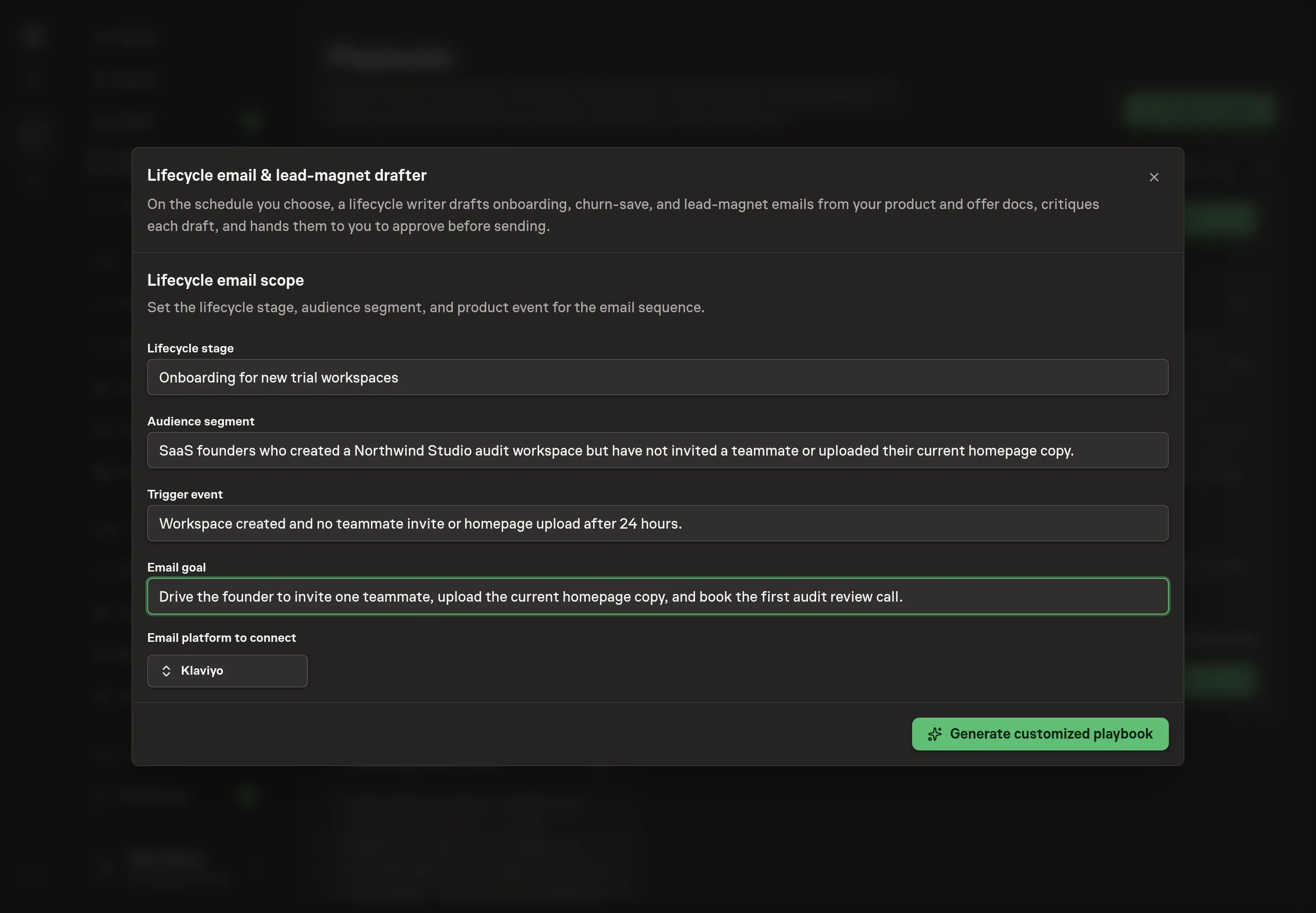 The setup form filled in with Klaviyo selected, an onboarding lifecycle stage, a new trial segment, a trigger event, and an activation-focused email goal