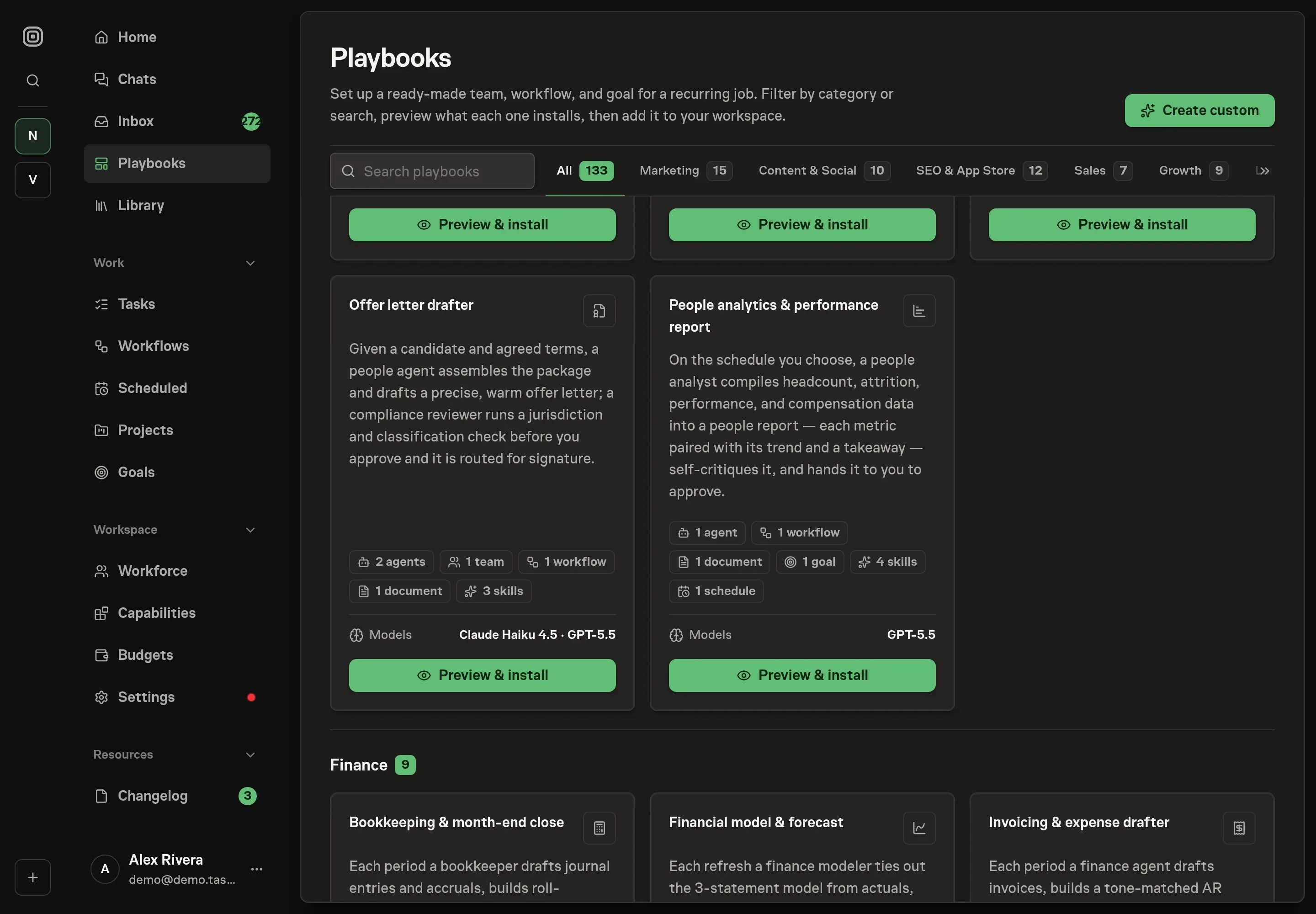 The playbook gallery with the People analytics and performance report card in the People category, showing the reporting playbook before installation