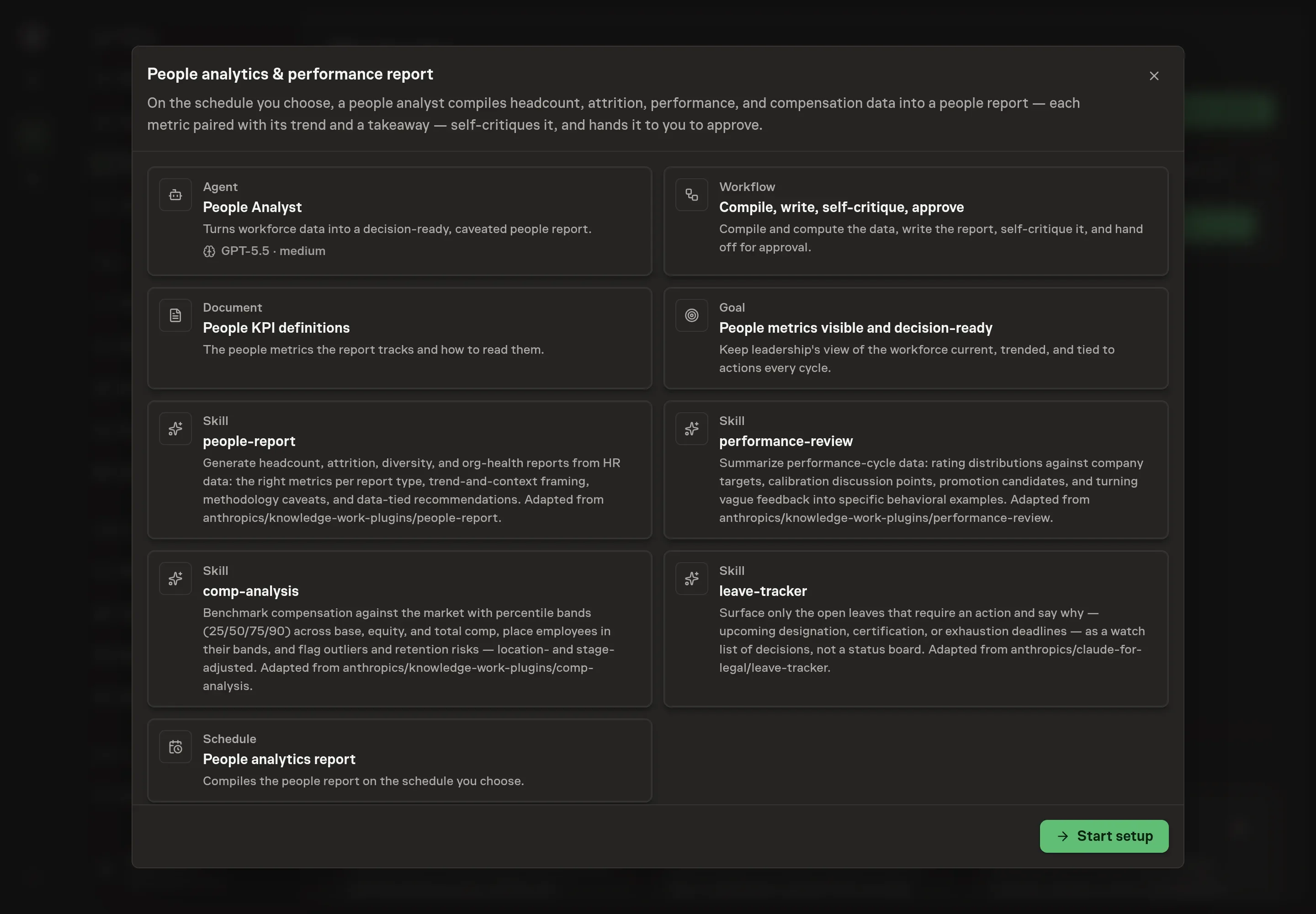 The People analytics report preview listing the People Analyst, KPI document, workflow, goal, schedule, and people analytics skills with a Start setup button