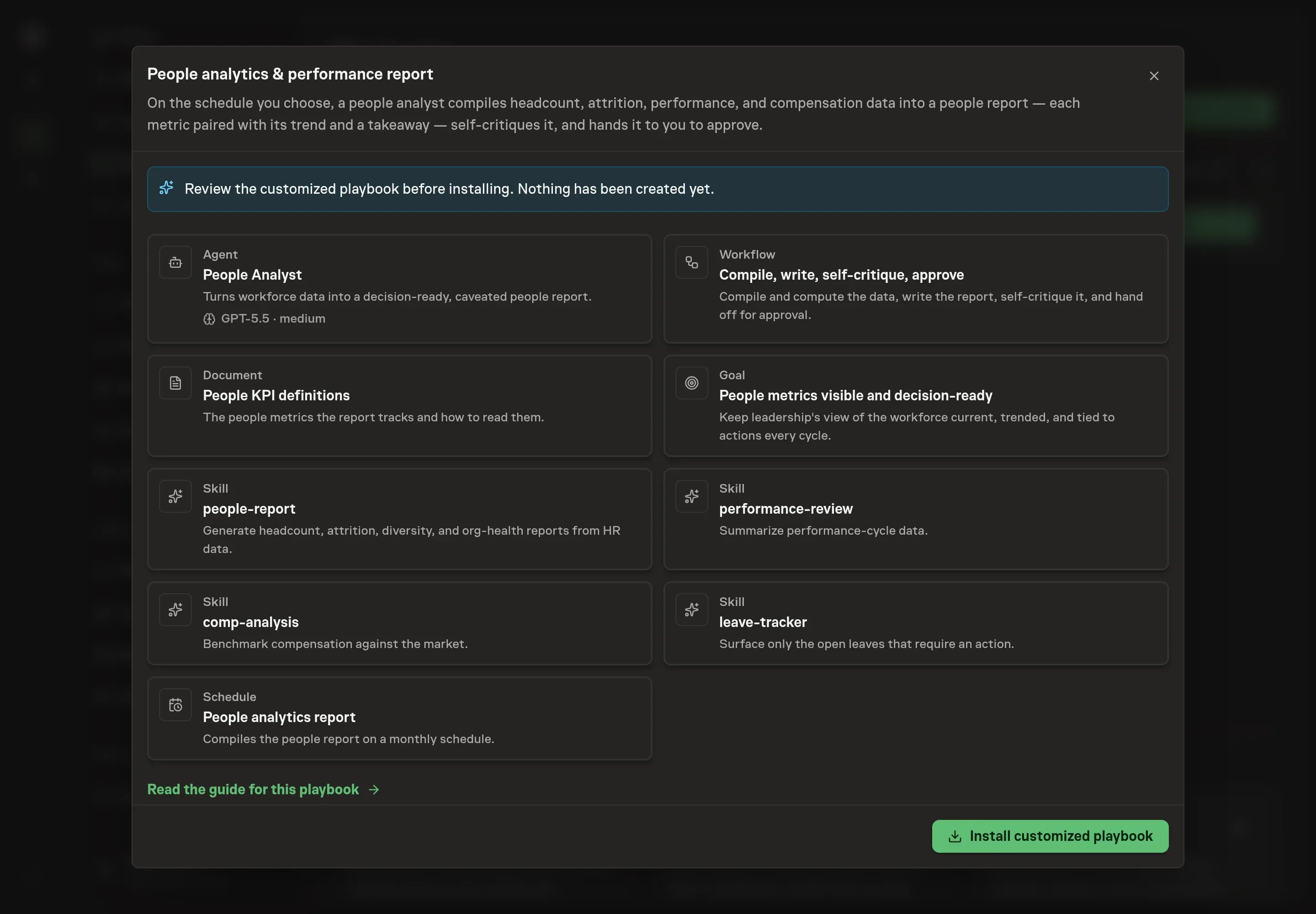 The review step showing the customized People Analyst, KPI definitions document, reporting workflow, standing goal, schedule, and skills before installation