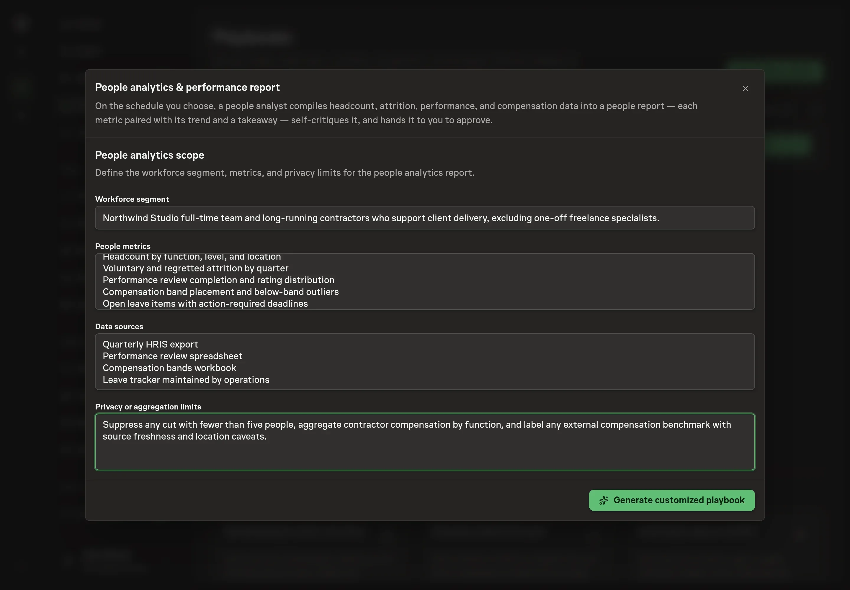 The setup form filled with Northwind Studio workforce segment, headcount, attrition, performance, compensation metrics, HR data sources, and privacy limits