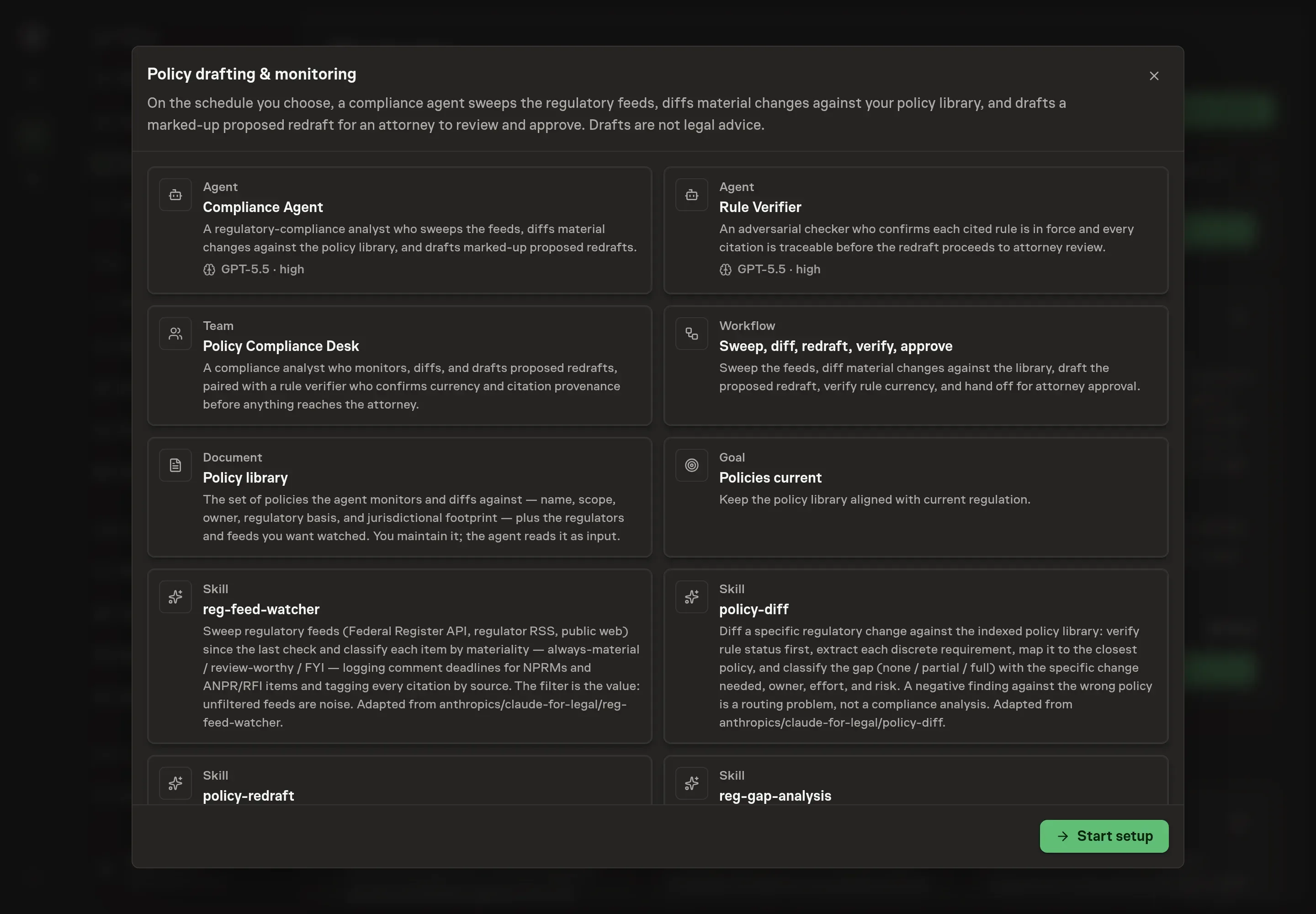 The Policy drafting and monitoring preview listing the compliance agent, rule verifier, policy library, monitoring workflow, goal, schedule, and required web access