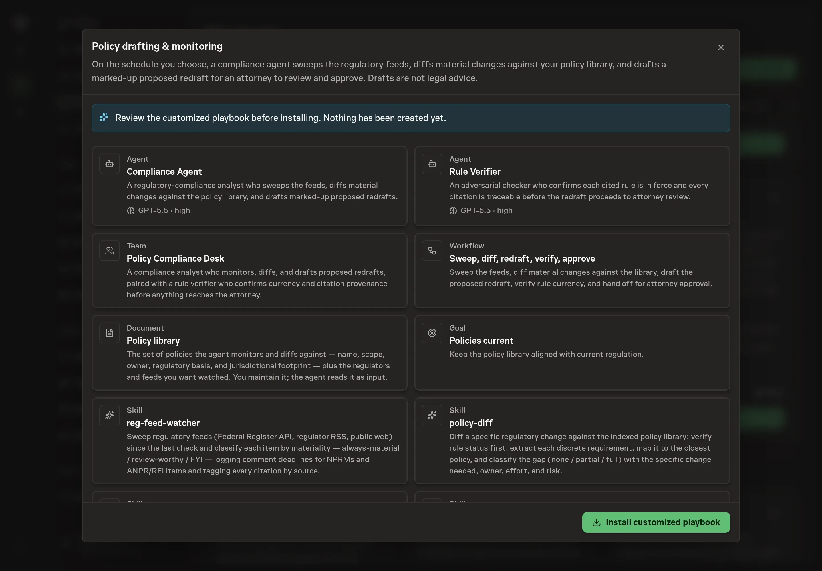 The review step showing the customized compliance agents, policy library, workflow, goal, and schedule before installation