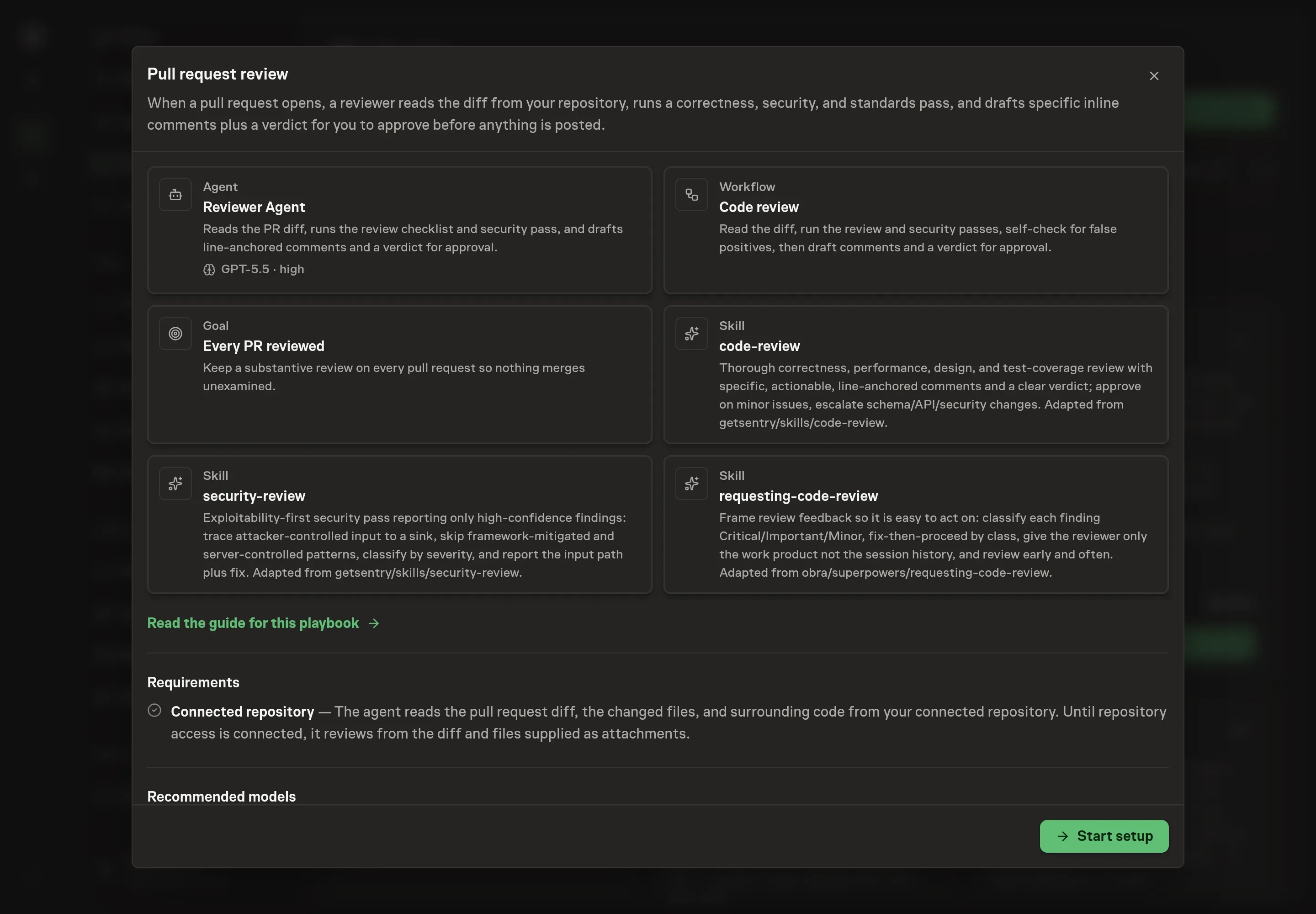 The Pull request review preview listing the Reviewer Agent, the Code review workflow, all three skills, and the Every PR reviewed goal, with a Start setup button