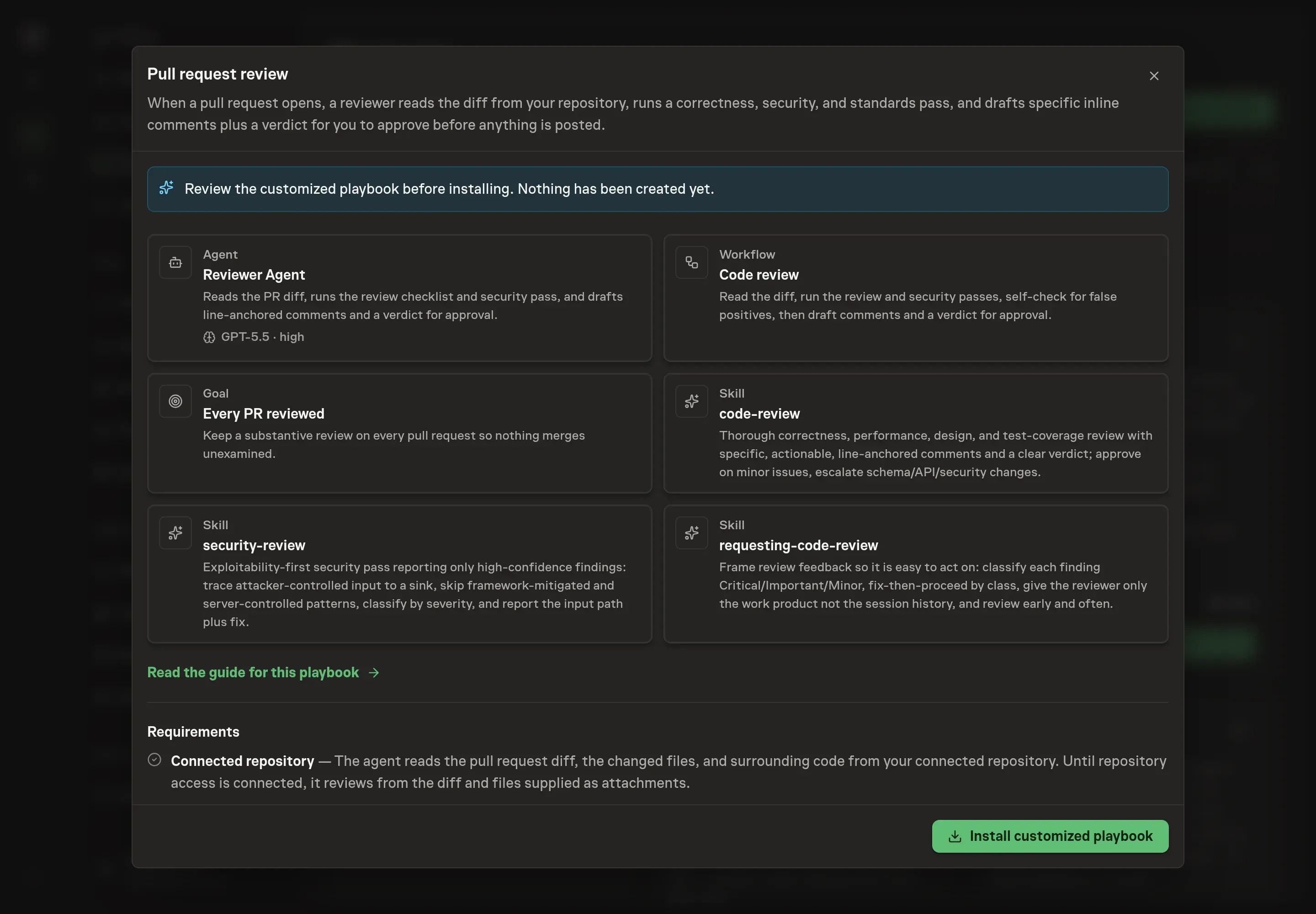 The review step showing the customized Reviewer Agent, the Code review workflow, the three skills, and the goal, with a banner confirming nothing has been created yet