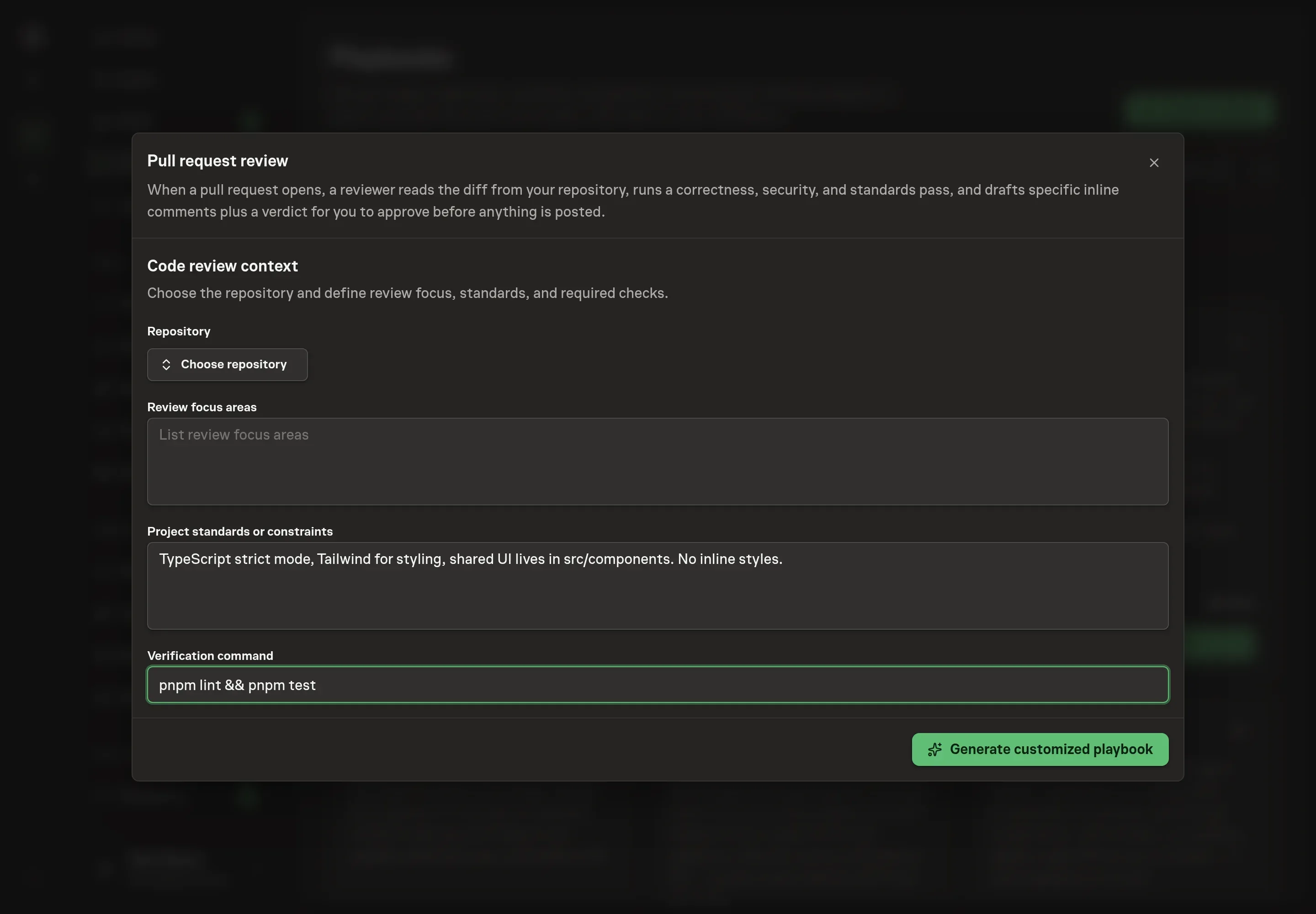The setup form filled in with a chosen repository, review focus areas, project standards notes, and a verification command