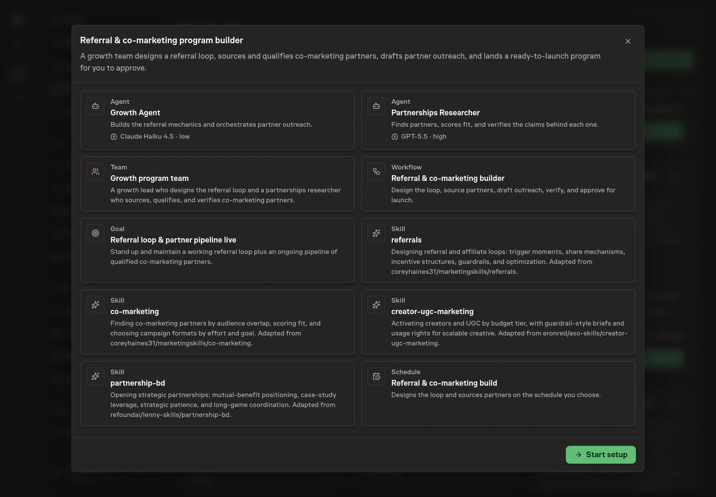 The Referral and co-marketing preview showing the growth team, workflow stages, skills, goal, and monthly schedule, with a Start setup button