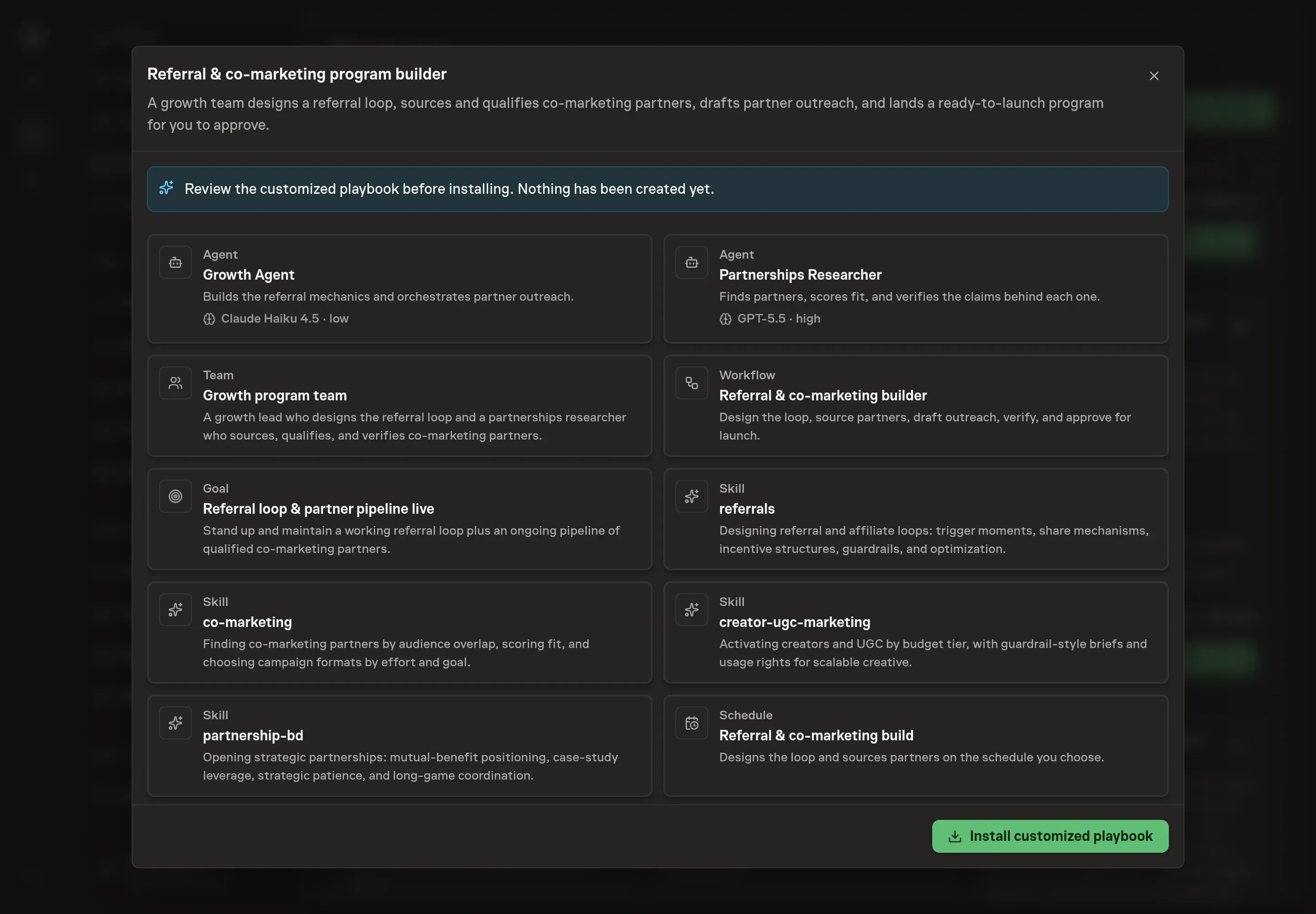 The review step showing the customized referral and co-marketing agents, workflow, goal, skills, and schedule before install