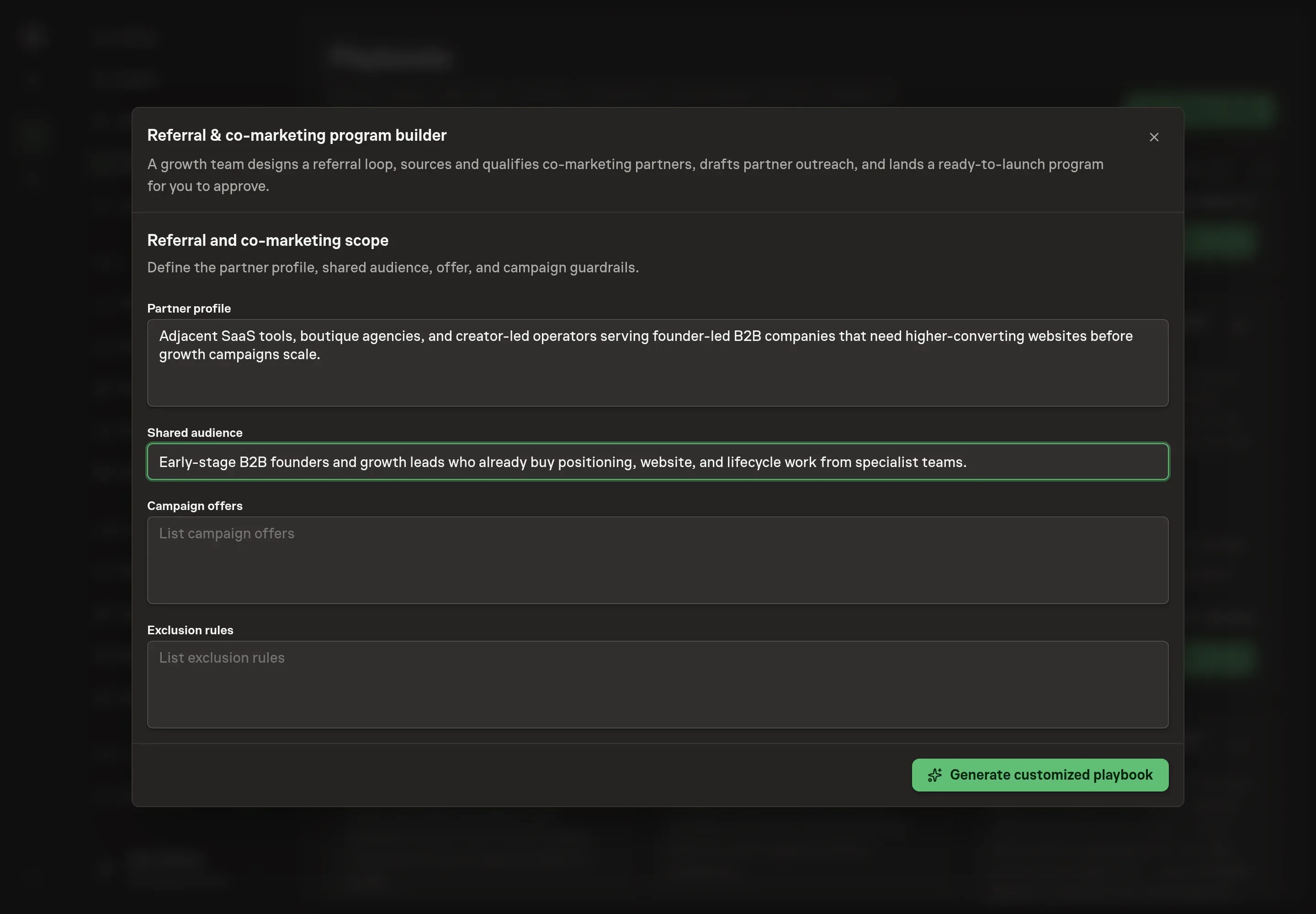 The setup form filled with a partner profile, shared audience, campaign offers, and exclusion rules for Northwind Studio