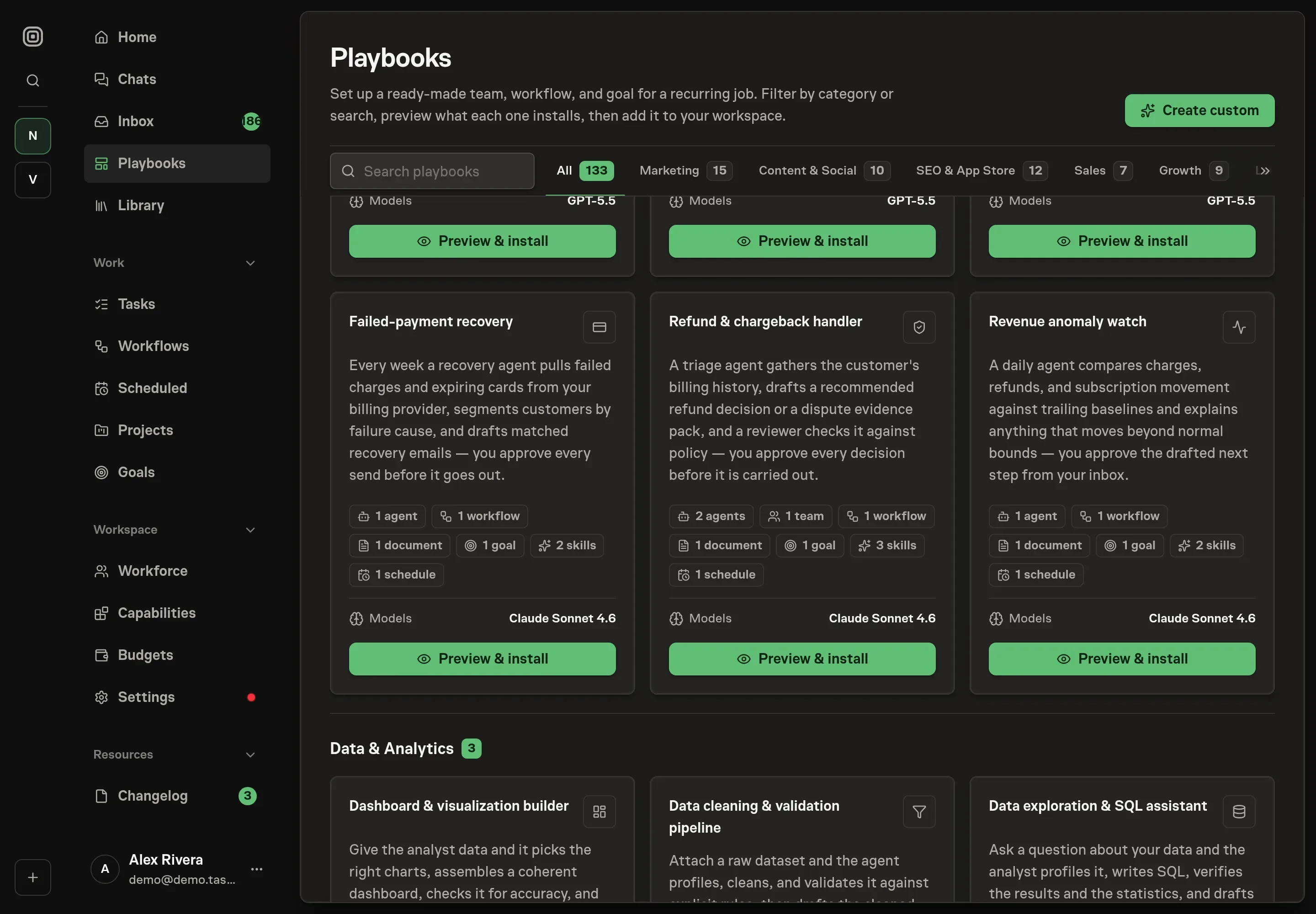 The playbook gallery with the Refund & chargeback handler card in the Finance category, listing the agents, team, workflow, dispute log, skills, connected services, goal, and schedule