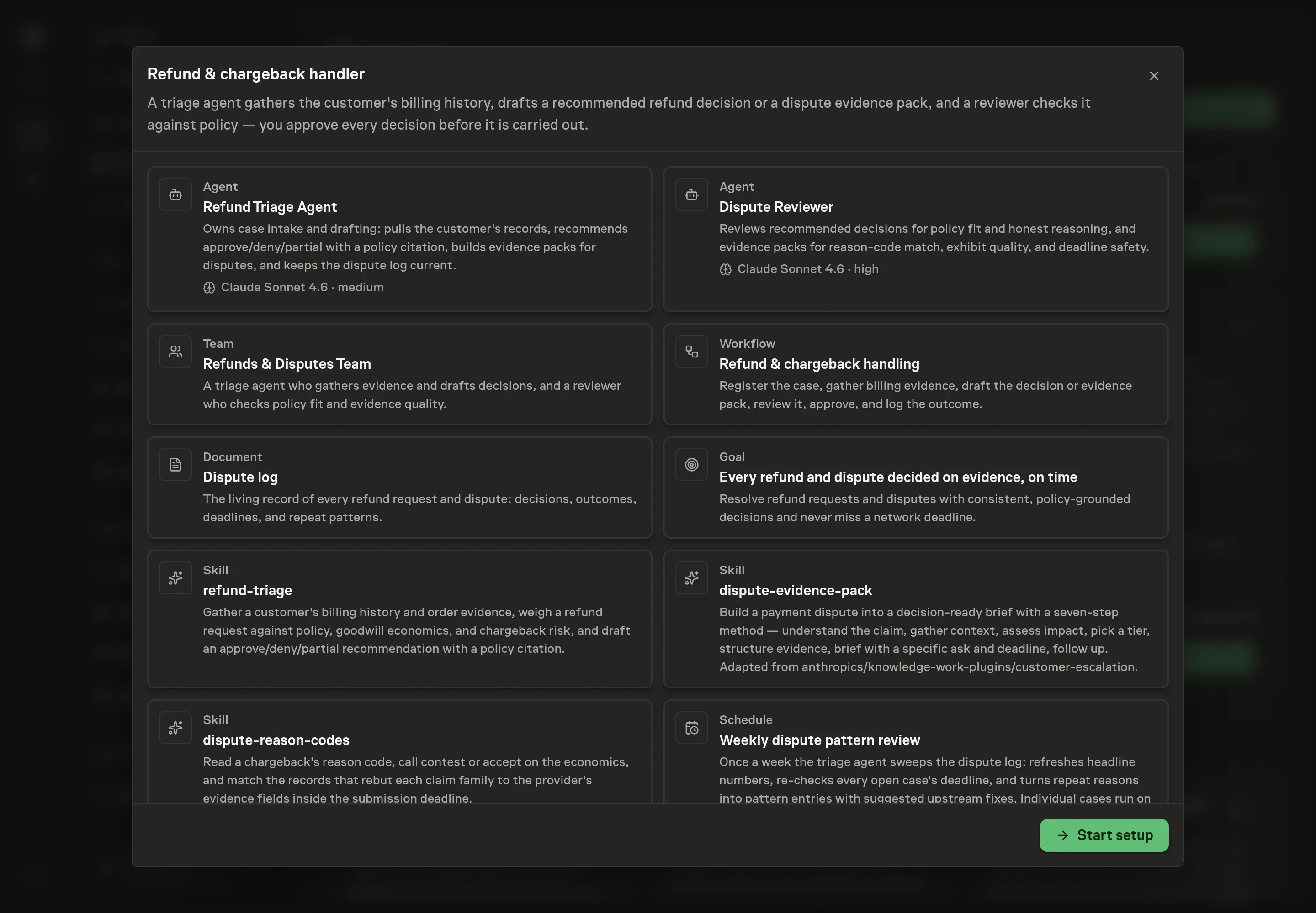 The Refund & chargeback handler preview listing the agents, team, workflow, dispute log, skills, Stripe, Paddle, Polar, and PayPal options, goal, and schedule with a Start setup button