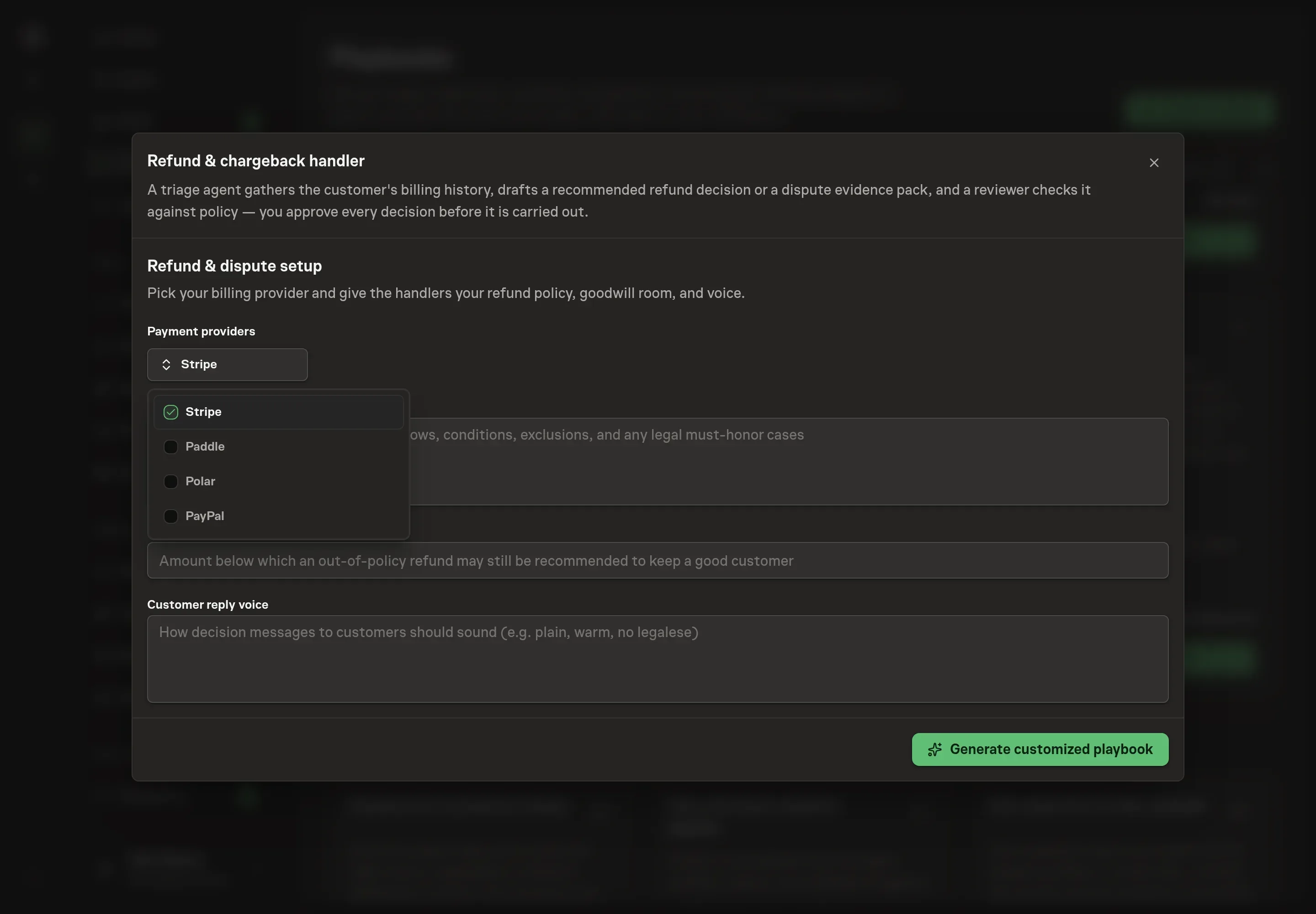 The payment providers picker open on the setup step, with Stripe selected and Paddle, Polar, and PayPal available
