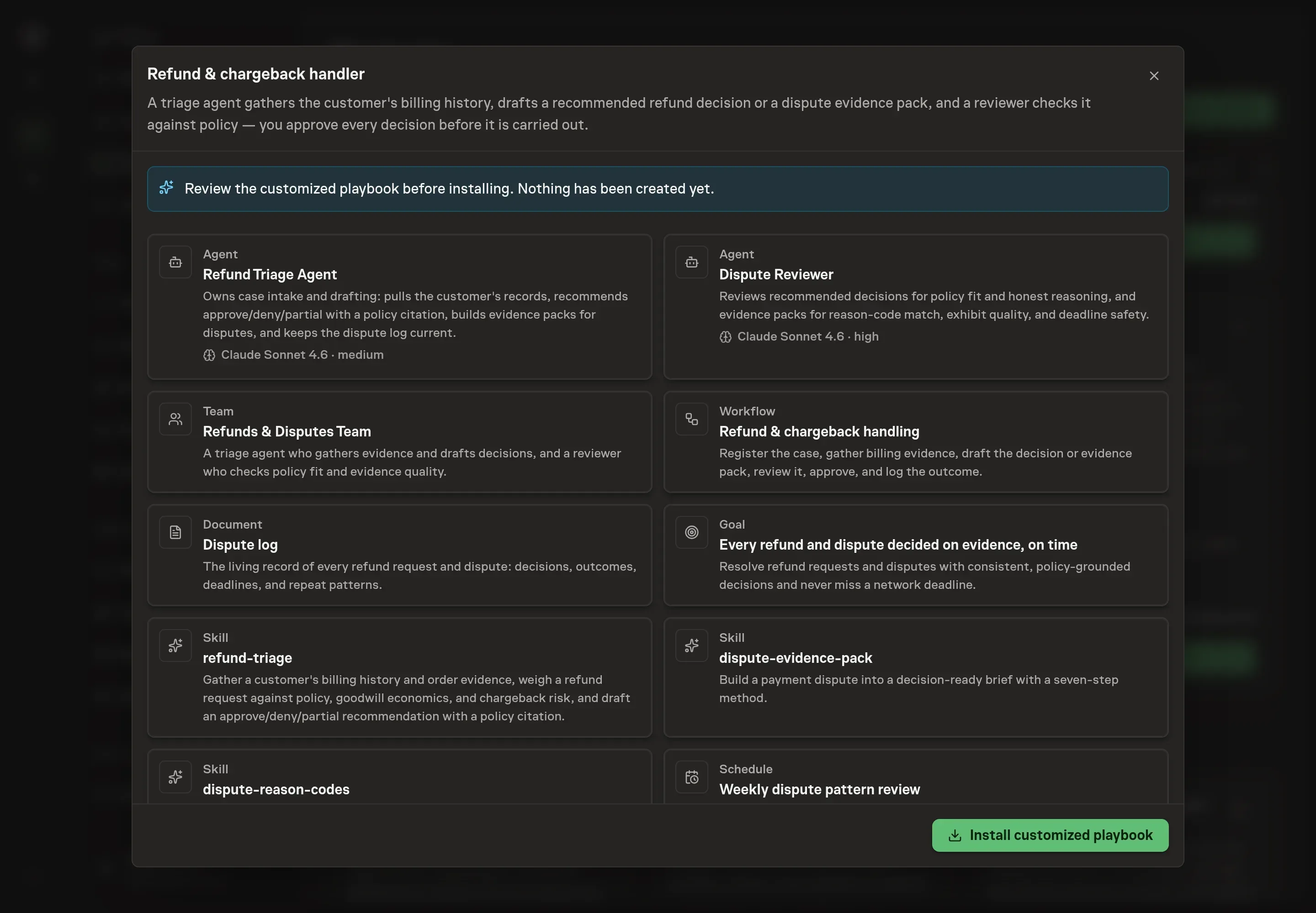 The review step showing the customized Refund & chargeback handler records, dispute log, selected Stripe service, and weekly pattern review schedule before installation
