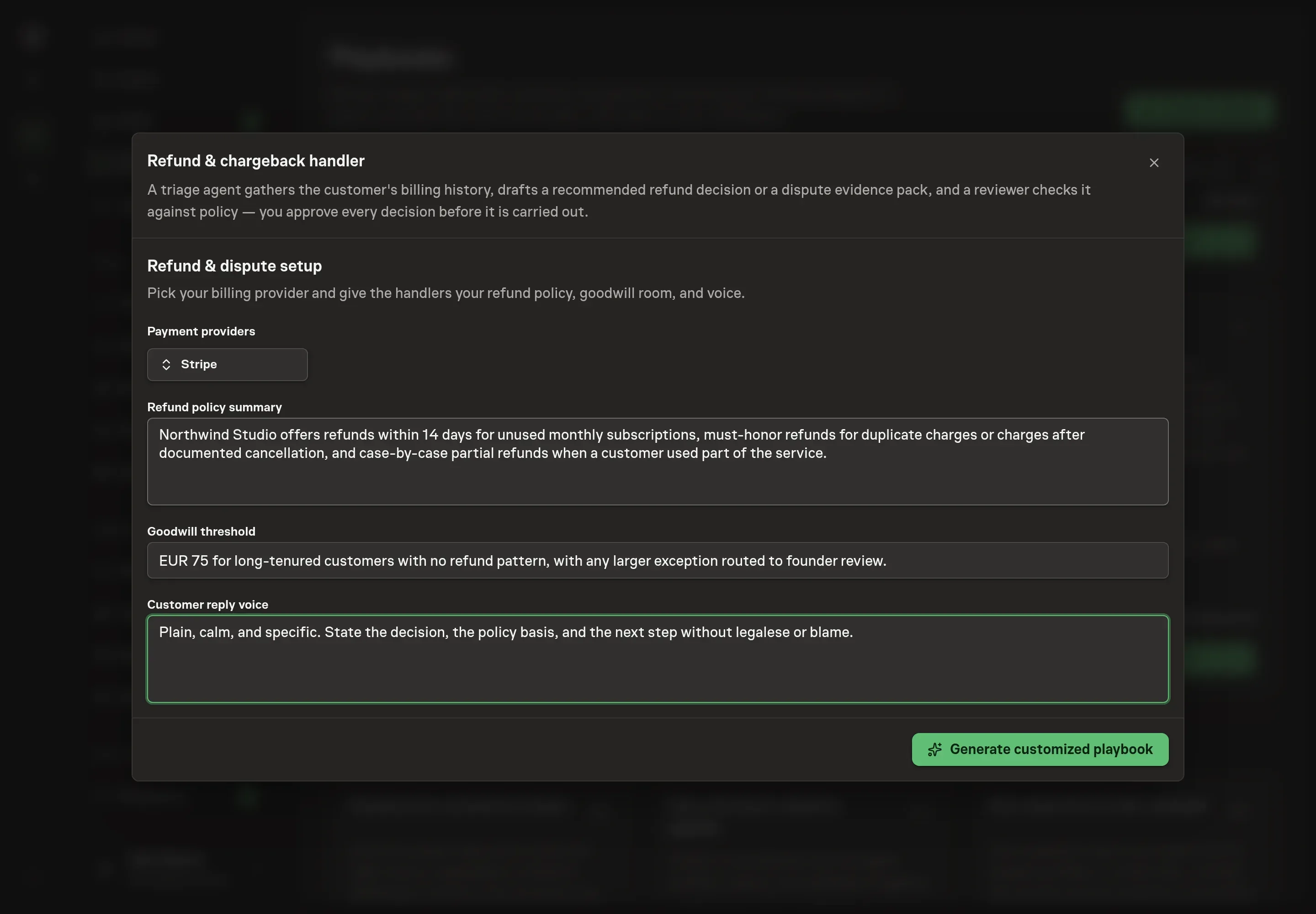 The setup form filled in with Stripe selected, Northwind Studio's refund policy summary, EUR goodwill threshold, and direct customer reply voice