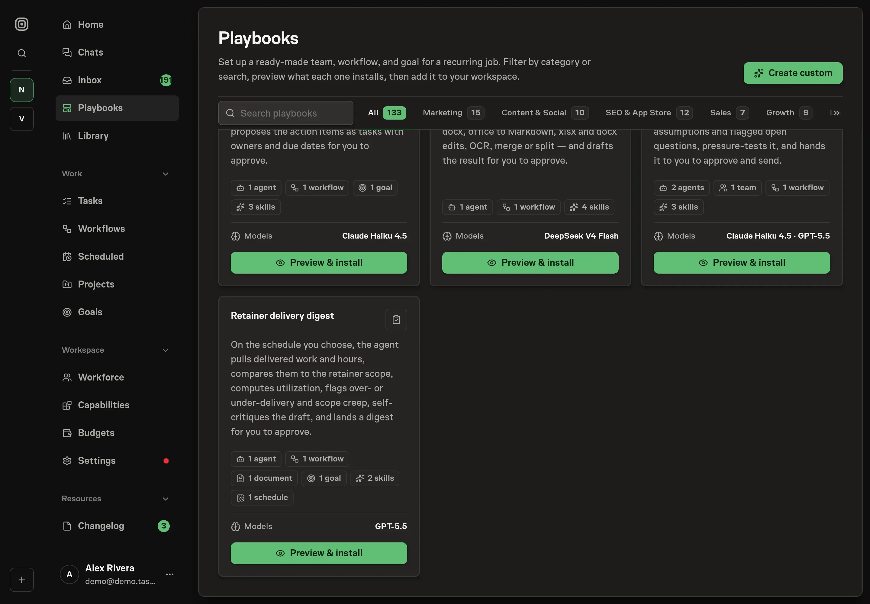 The playbook gallery with the Retainer delivery digest card in view, listing the analyst agent, workflow, document, goal, and schedule
